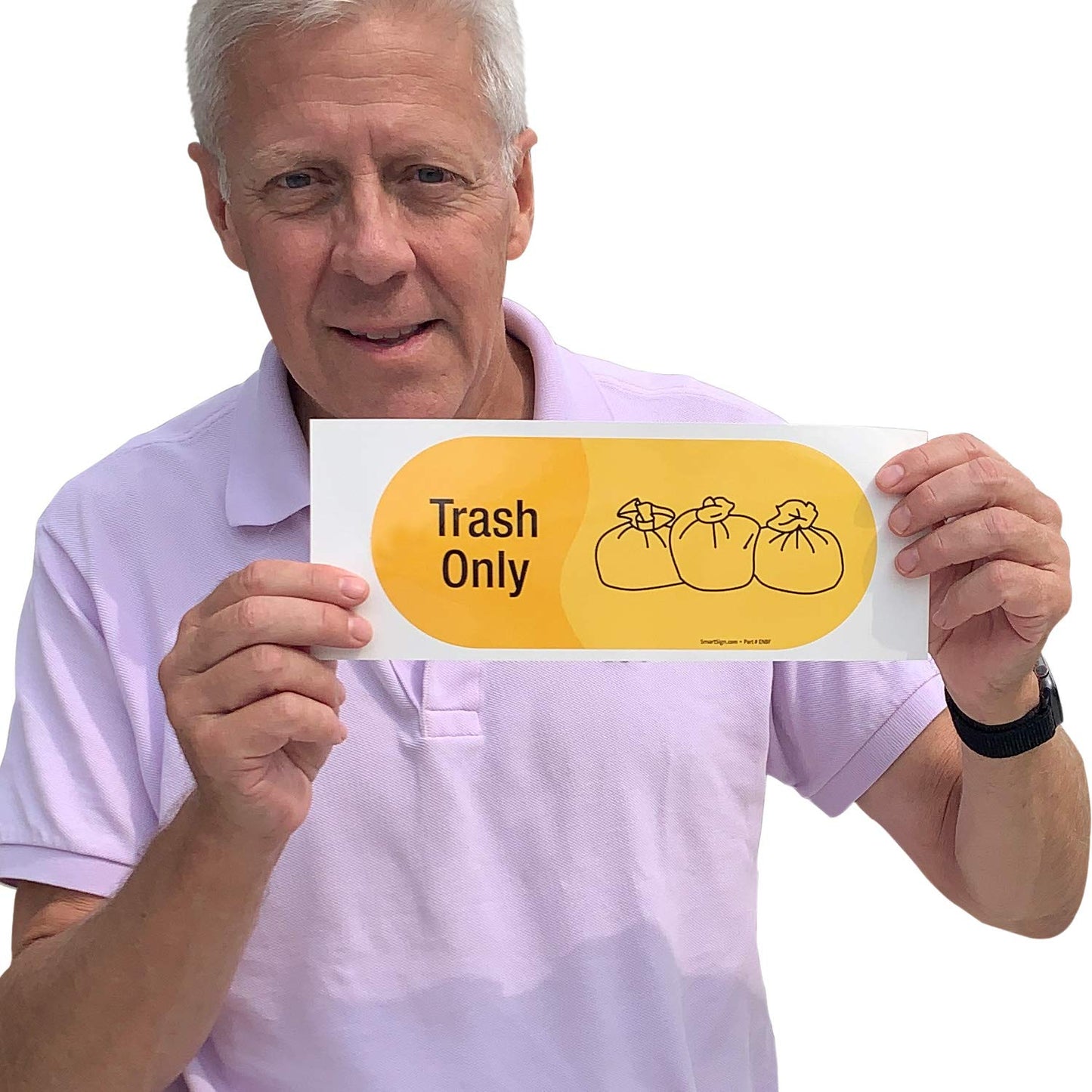 SmartSign (Pack of 4) 3.75 x 9 inch “Trash Only” Sticker Labels with Symbol, 5 mil Laminated Polyester with SuperStick Adhesive, Yellow and Black, Made in USA 3.75" X 9"_trash Only
