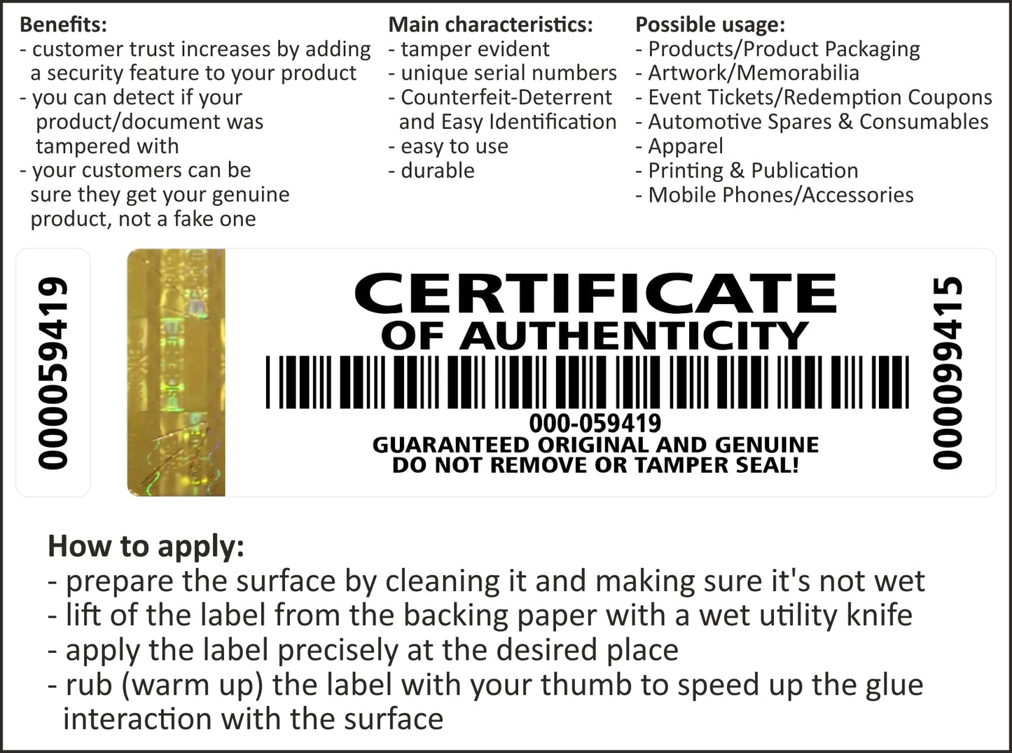 250 pcs High Security Certificate of Authenticity Labels Security Stickers with Golden Hologram Stripe, UV Security Feature and Extra Label with Serial Number 2.75 x 0.78 inch