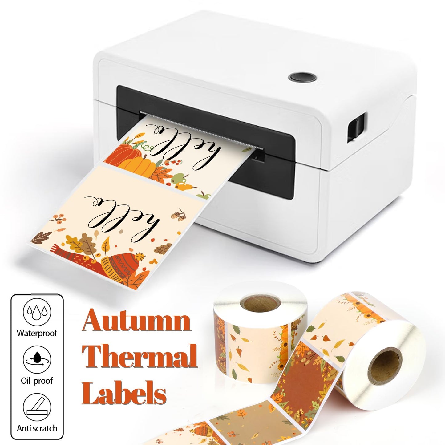 2 in Square Name Tag Thermal Labels - Autumn Sticker Paper - Harvest Fall Maple Leaves Pumpkins Mushrooms - Waterproof Scratch-Resistant DIY Thermal Printer Paper - Barcode Label - 5 Styles Autumn 1