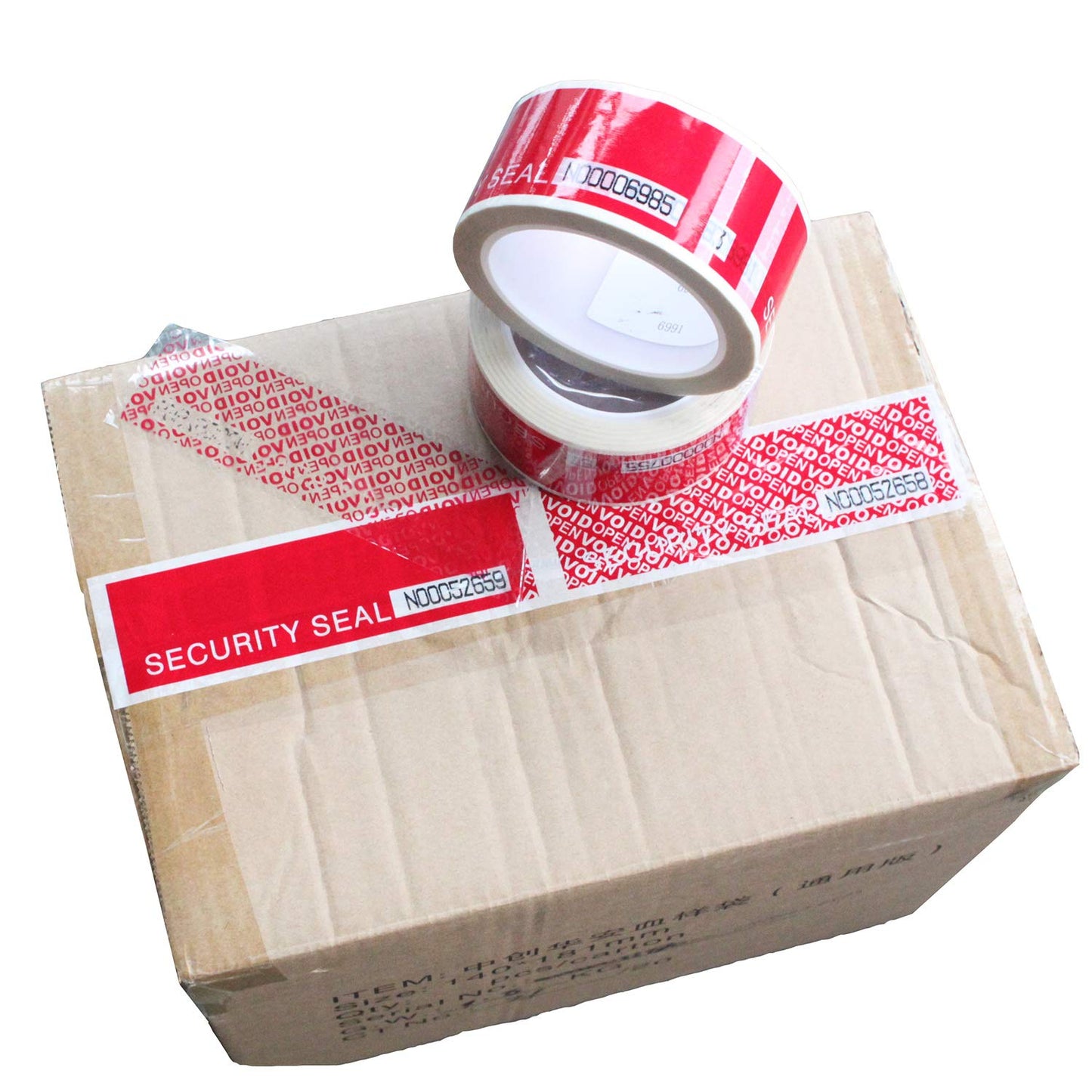 TamperSeals Group - 1 Roll Precut Serial Numbered Red Tamper Evident Security Tape (48mm x 50m x 2mil, 100% Total Transfer, Ultra-Thick “Void” Film, Every 6” Perforation)