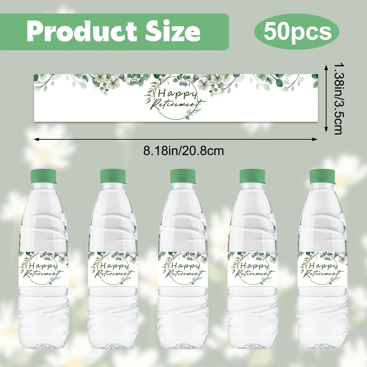 Water Bottle Labels, Green Leaf Happy Retirement Waterproof Bottle Wraps Sticker Officially Retired Bottle Wrappers Party Water Labels 1.37x8.18in 3.50 Centimeters