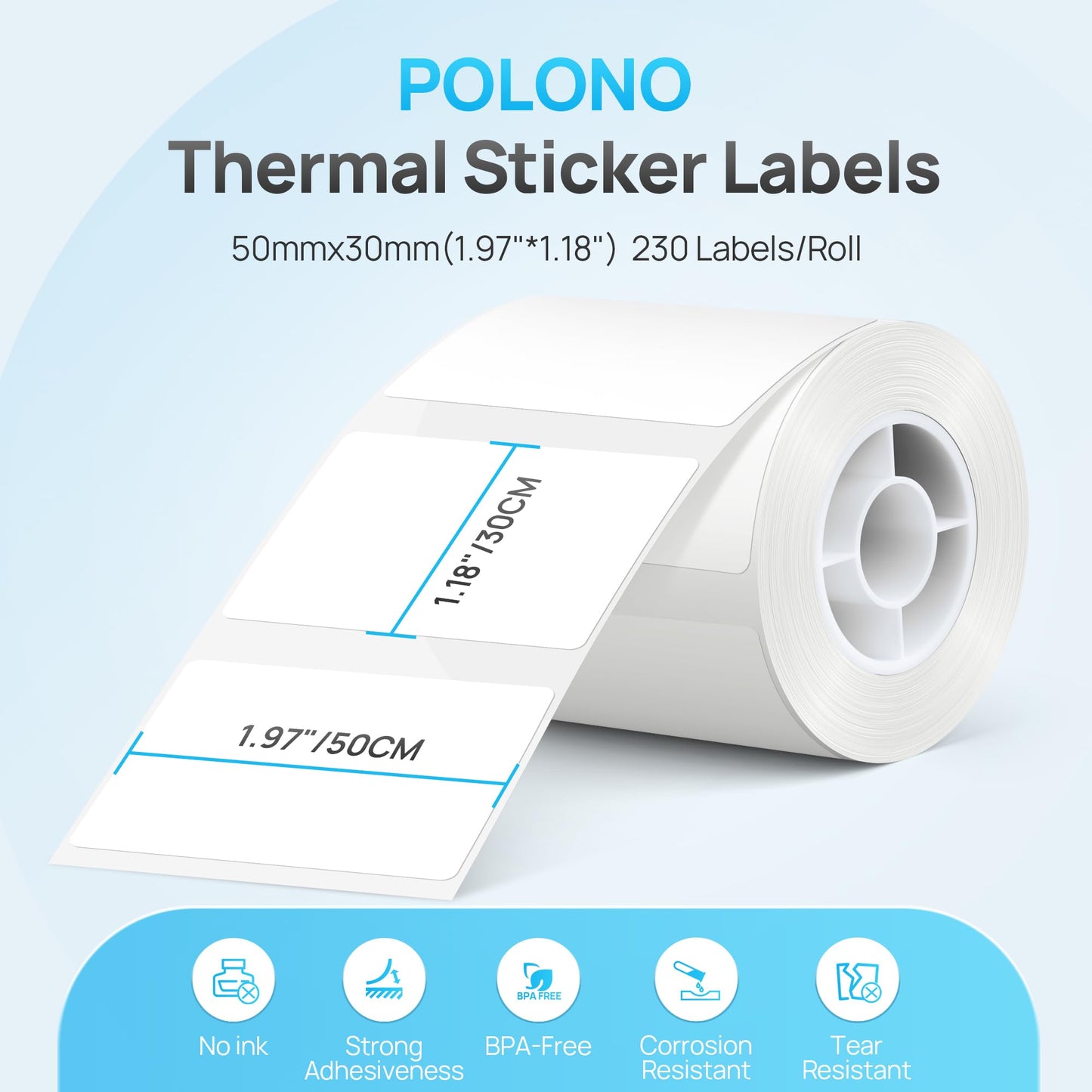 POLONO Thermal Labels for PM220S Label Maker, 1.97"x1.18" (50x30mm), Multi-Purpose Thermal Sticker Label Tape, Self-Adhesive Thermal Paper for Home, Office, 230 Labels/1Roll, White