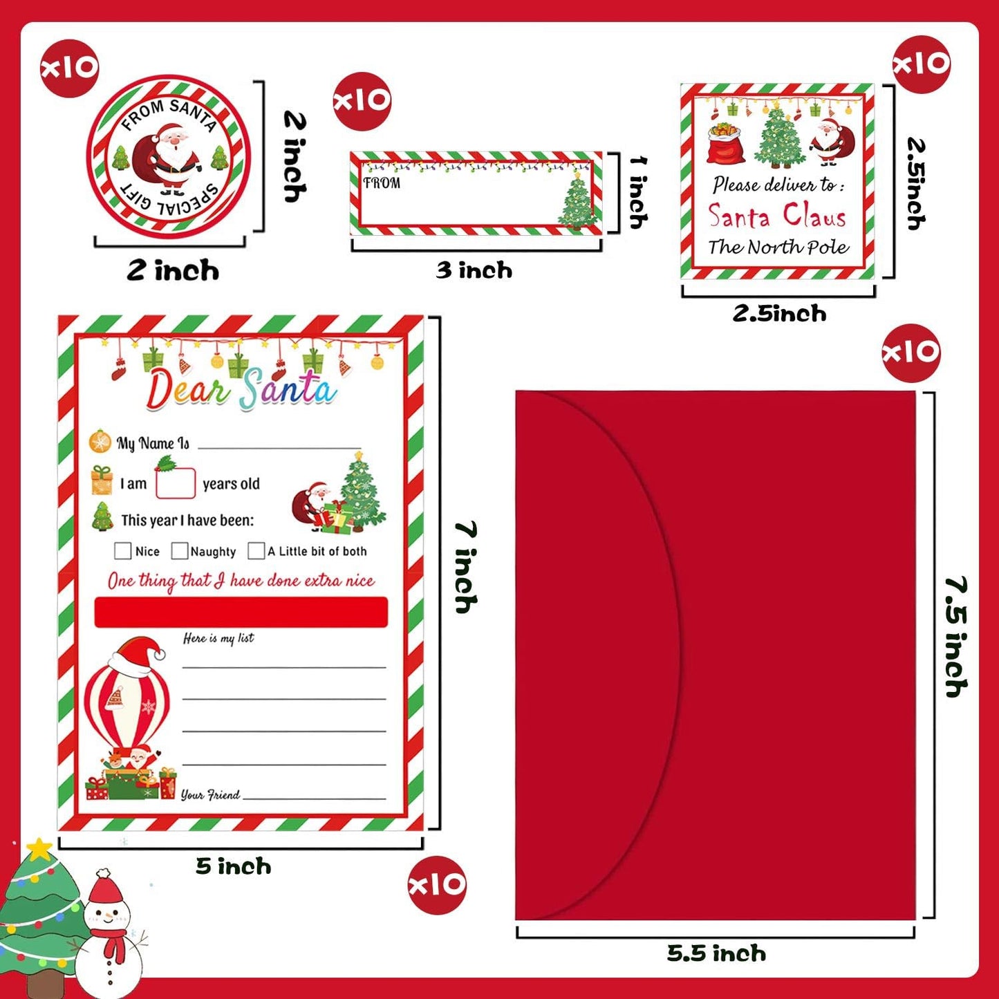 10 Set Santa Letter Kit Christmas Official Letters to Santa Christmas Wish List to Santa,Include Writing Letter/Envelopes/Address Labels/Seals Stickers/Return Address Label