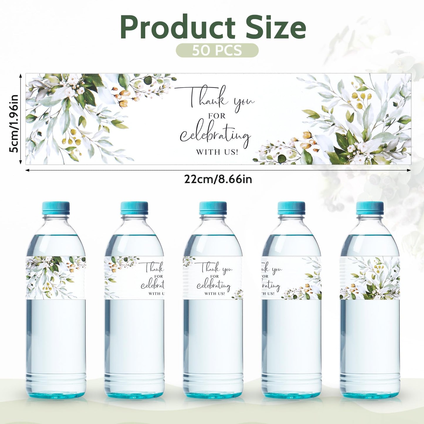 50pcs Wedding Water Bottle Labels Thank You Cards Flower Leaves Water Bottle Wraps Sticker Decorative Waterproof Bottle Wraps Rectangle Label for Bridal Shower Birthday Party Favors Celebration