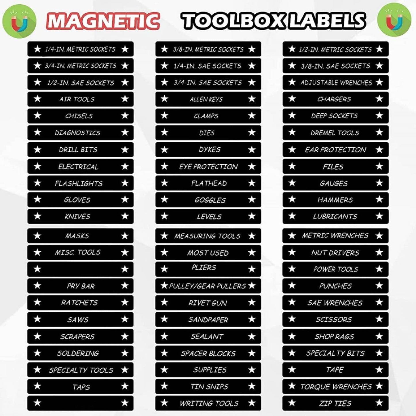 Tenare Toolbox Organization Magnetic Labels - 66 Pcs Steel Tool Chest Drawer Labels (4.5x0.75) |Magnets, Quick & Easy Organizer | Fits All Brands, Cabinets & Tool Boxes(Black) Black