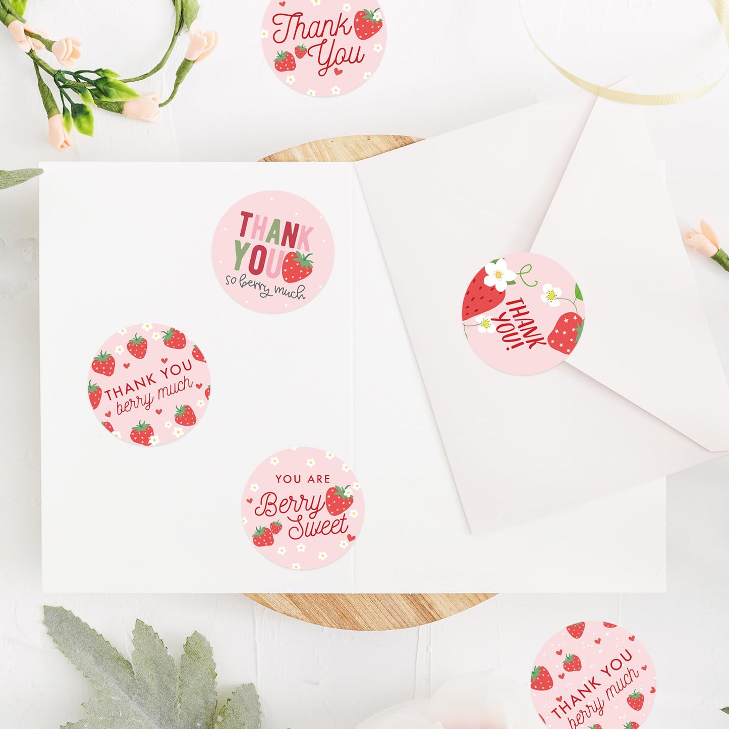 500Pcs Strawberry Thank You Stickers Pink Fruit Decorative Decal Roll 6 Designs Self-Adhesive Sealing Labels for Summer Birthday Baby Shower Party Supplies