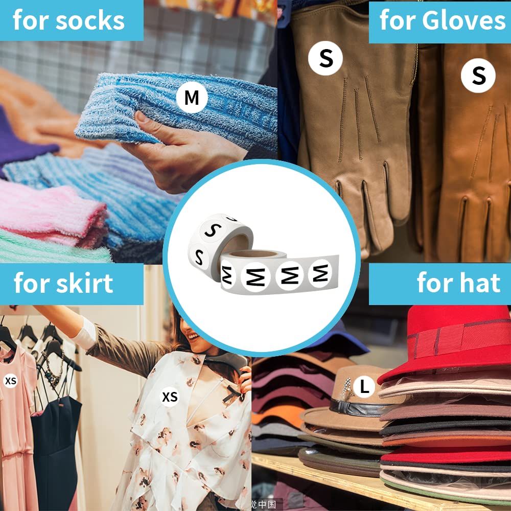 4000 Pcs Clothing Size Sticker Labels, Black Round Self Adhesive Clothing Size Stickers for Clothing T Shirt Pants Skirt Retail.(7/8” Each,8 Rolls,XS,S,M,L,XL,XXL,XXXL,Blank Size)