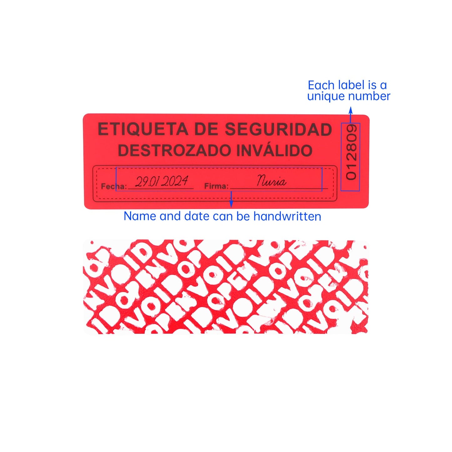 100Pcs Tamper Evident Security Stickers 1x3 inch Spanish Red Complete Transfer Tamper Proof Labels Safety Torn up Invalid Seals Tape (Red)