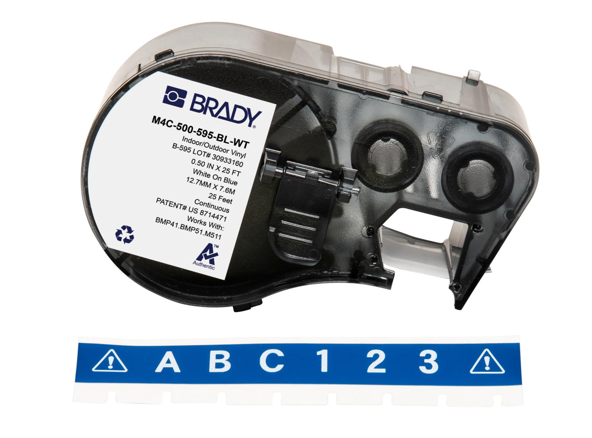 Brady Authentic (M4C-500-595-BL-WT) All-Weather Vinyl Labels 0.5 in W x 25ft White on Blue. for use with BMP41, BMP51, M410, M510, and M511 Label Printers.