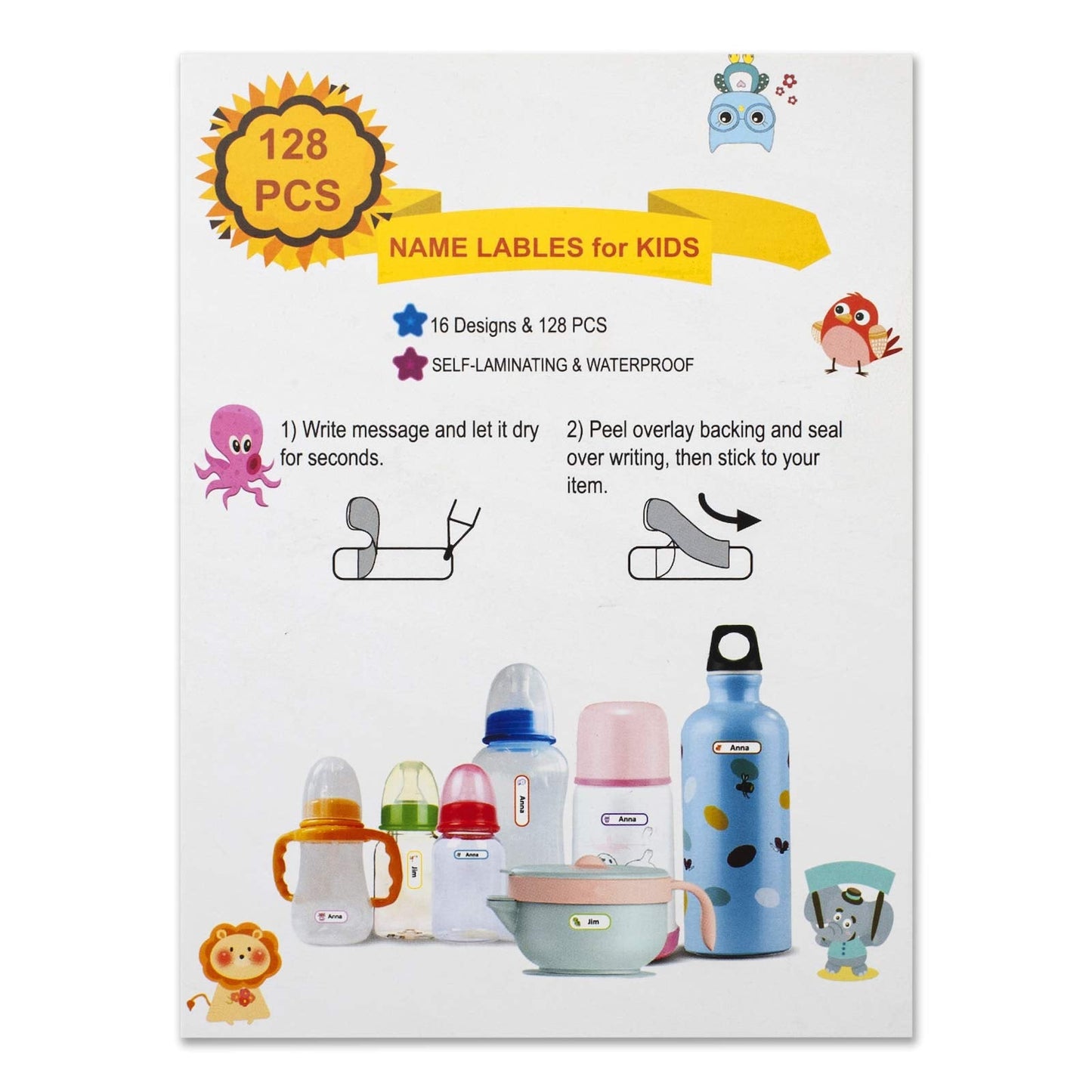 Baby Bottle Labels for Daycare, 128pcs Waterproof Daycare Labels, Name Labels for Kids School Supplies Self-Laminating, Dishwasher Safe Name Tag Label Stickers for Water Bottle, Sippy Cup 128pcs-animals
