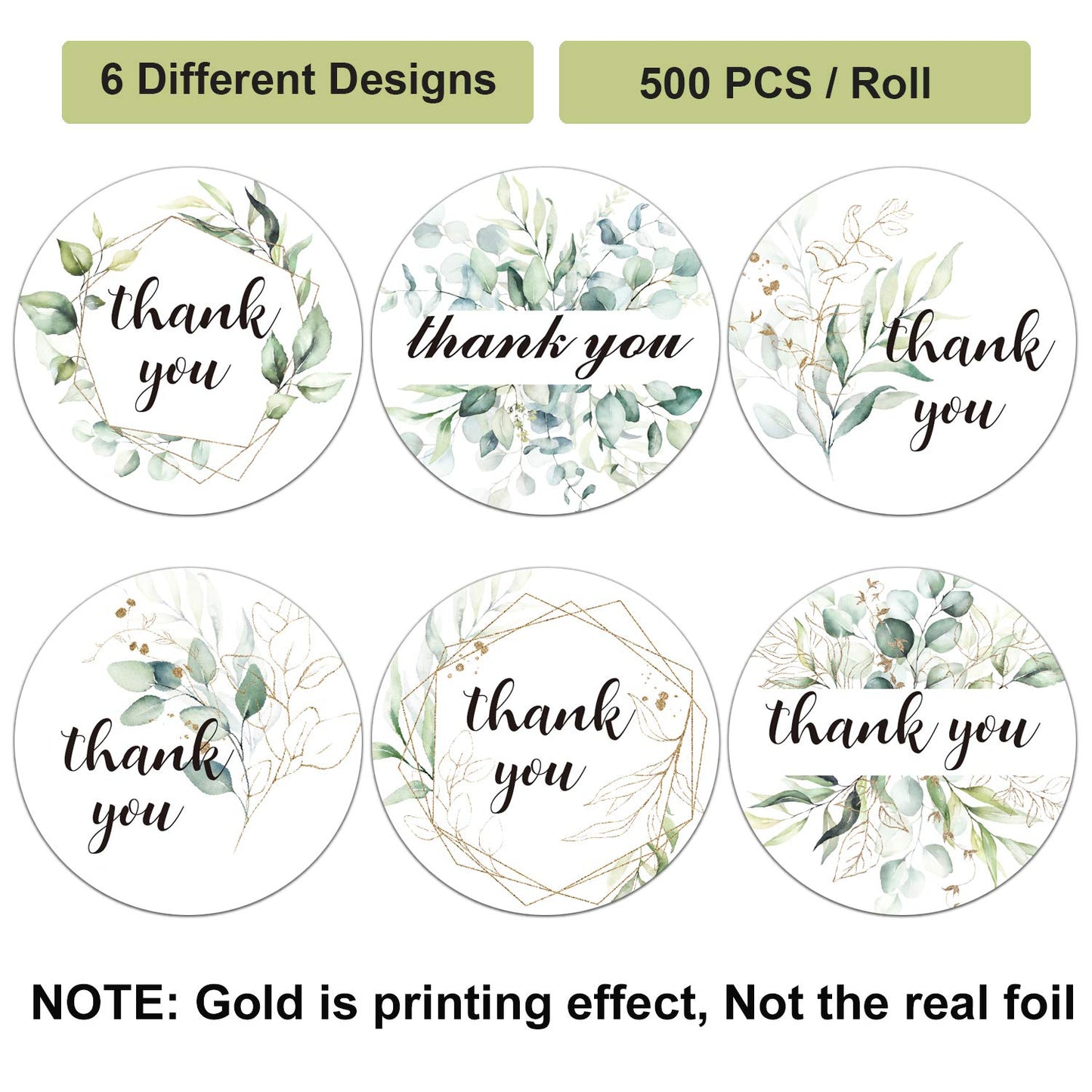 500 Greenery Thank You Label Stickers, Chic Golden Eucalyptus Leaves Wreath Thank You Stickers, 6 Different Designs, 1.4 Inches Round Thank You Stickers Roll, Wedding Favors.