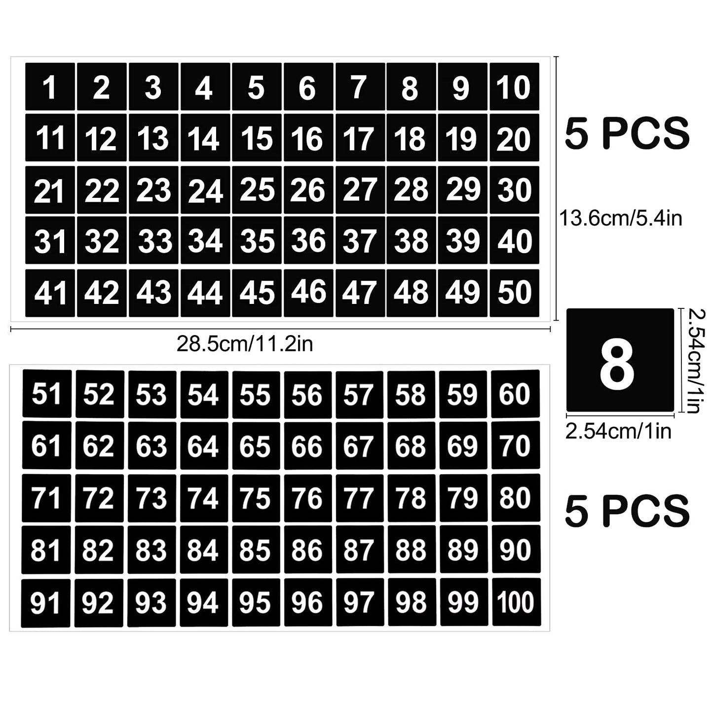 AIEX 10 Sheets Number Stickers 5 Sets of 1-100 Vinyl Square Number Sticker Waterproof Labels for Sorting Organizing Storage Boxes Lockers Indoor Outdoor Office School Supplies (Black, 1inch)