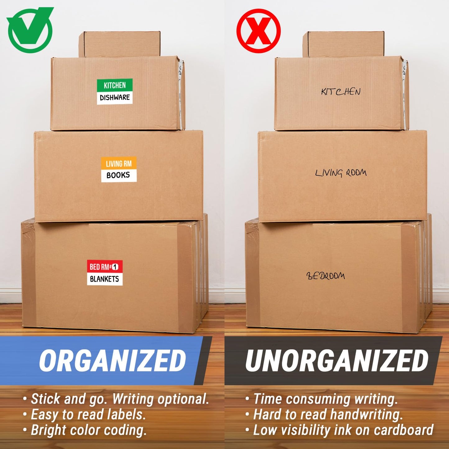 300 PCS Home Moving Labels - Ideal for 1-2 Bedroom Apartments or Condos - 3" x 2" 10 Designs of Color-Coded Moving Stickers w/Write-in Area, Fragile & Heavy Label 300 Labels