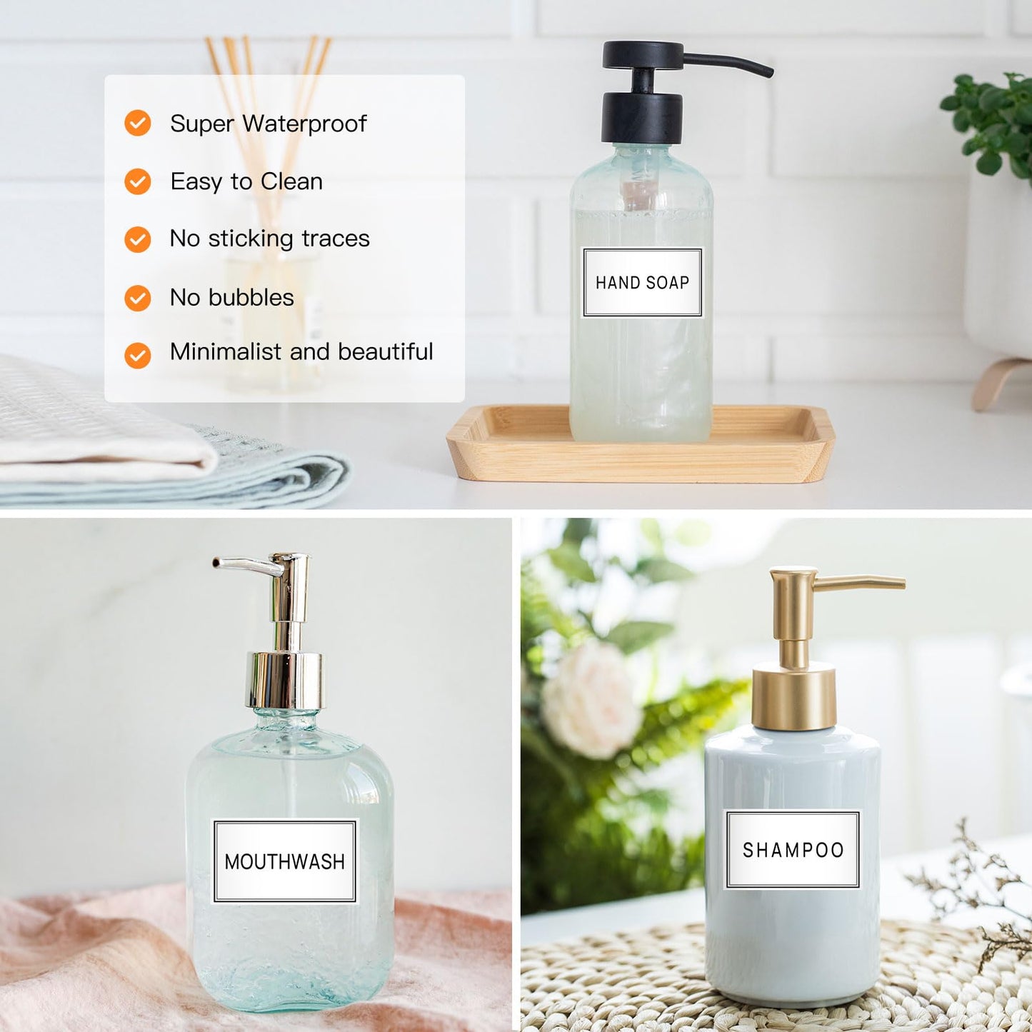 Minimalist Bathroom Labels - 32PCS Set with DIY Blank Labels, Waterproof & Oil Resistant for Shampoo, Conditioner & Hand Soap Dispensers
