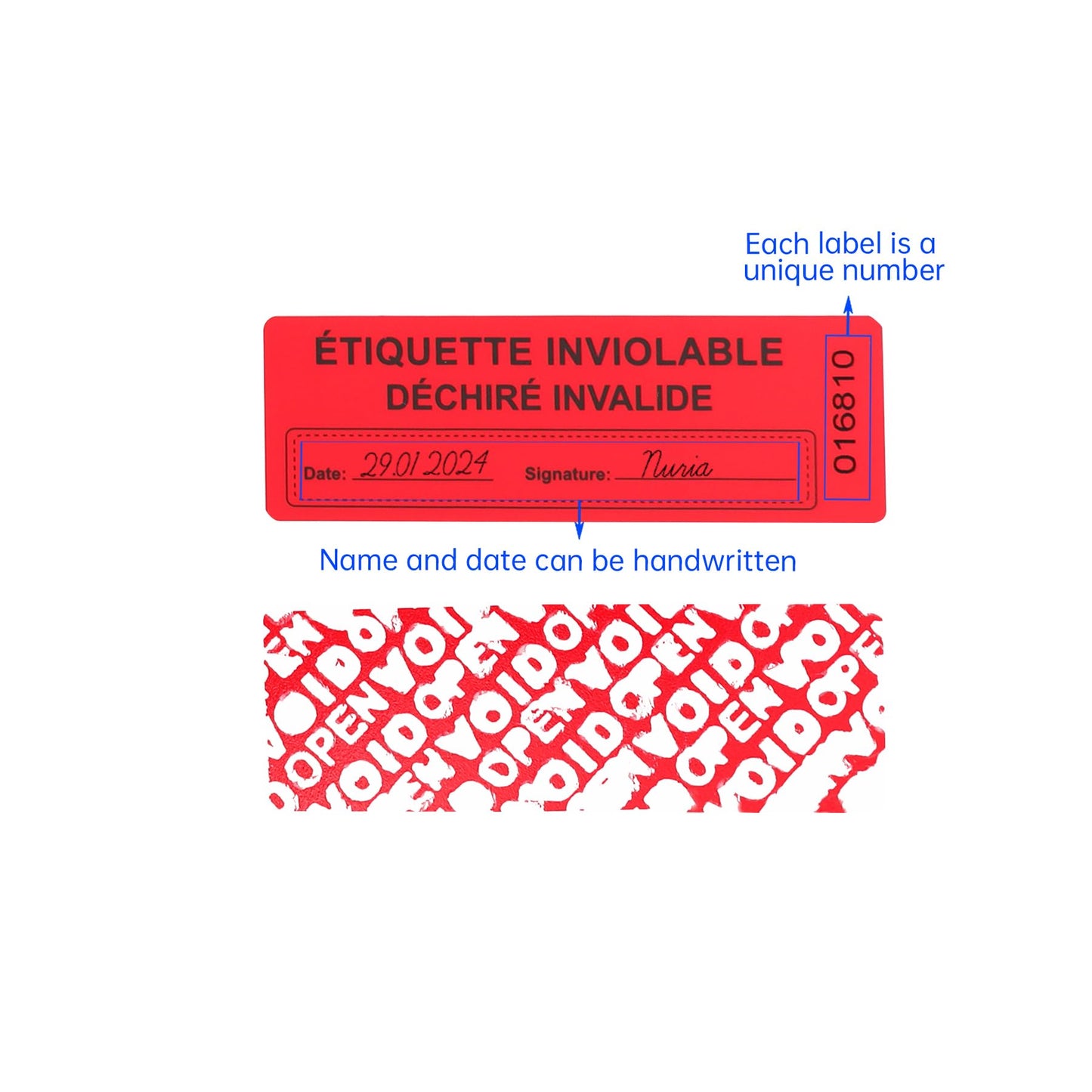 100Pcs Tamper Evident Security Stickers 1x3 inch French Red Complete Transfer Tamper Proof Labels Safety Torn up Invalid Seals Tape (Red)