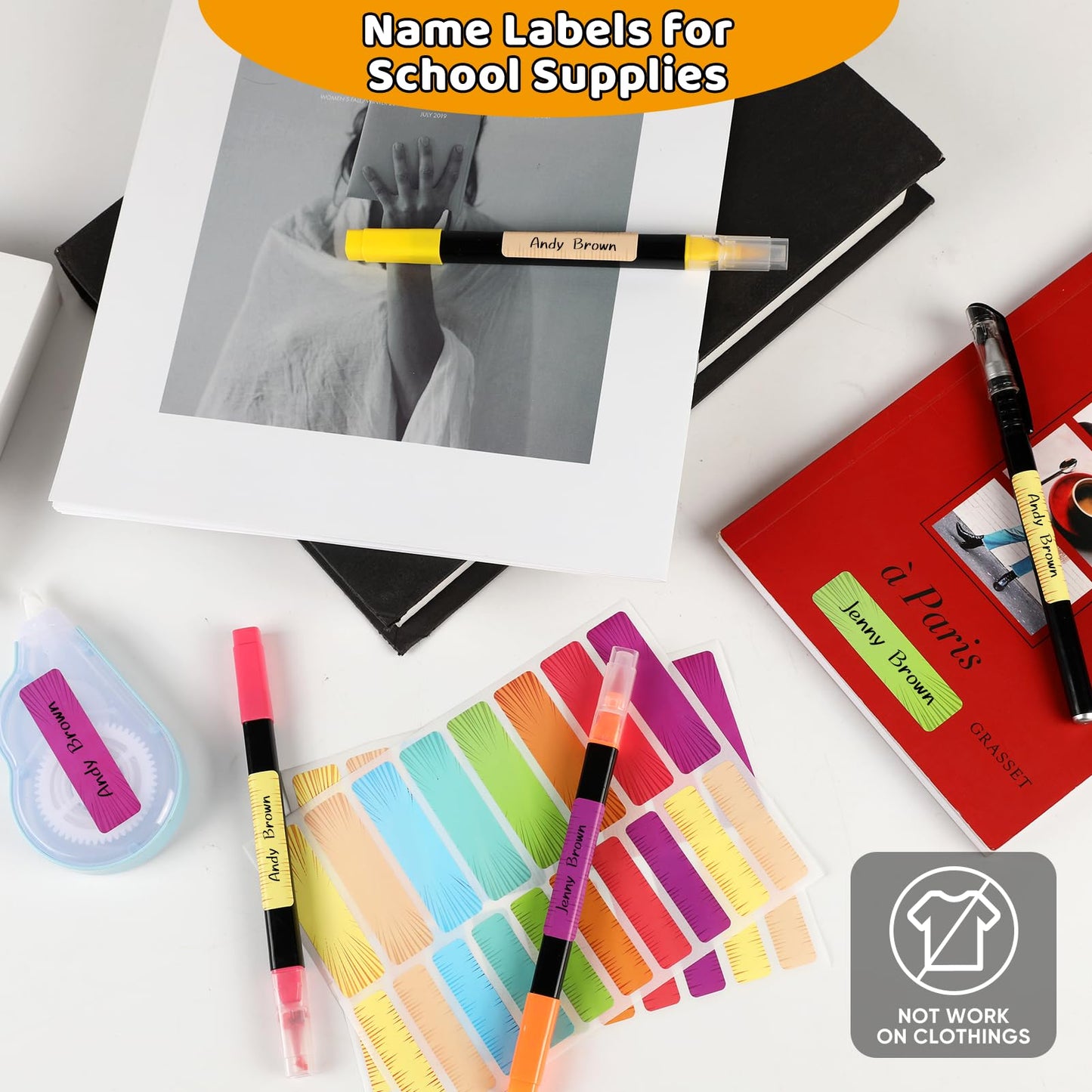 Waterproof Removable Labels Name Stickers - 360Pcs Handwrite Labels for Water Bottles,Kids School Supplies,Camp Gears Daycare and Storage Bins Comic