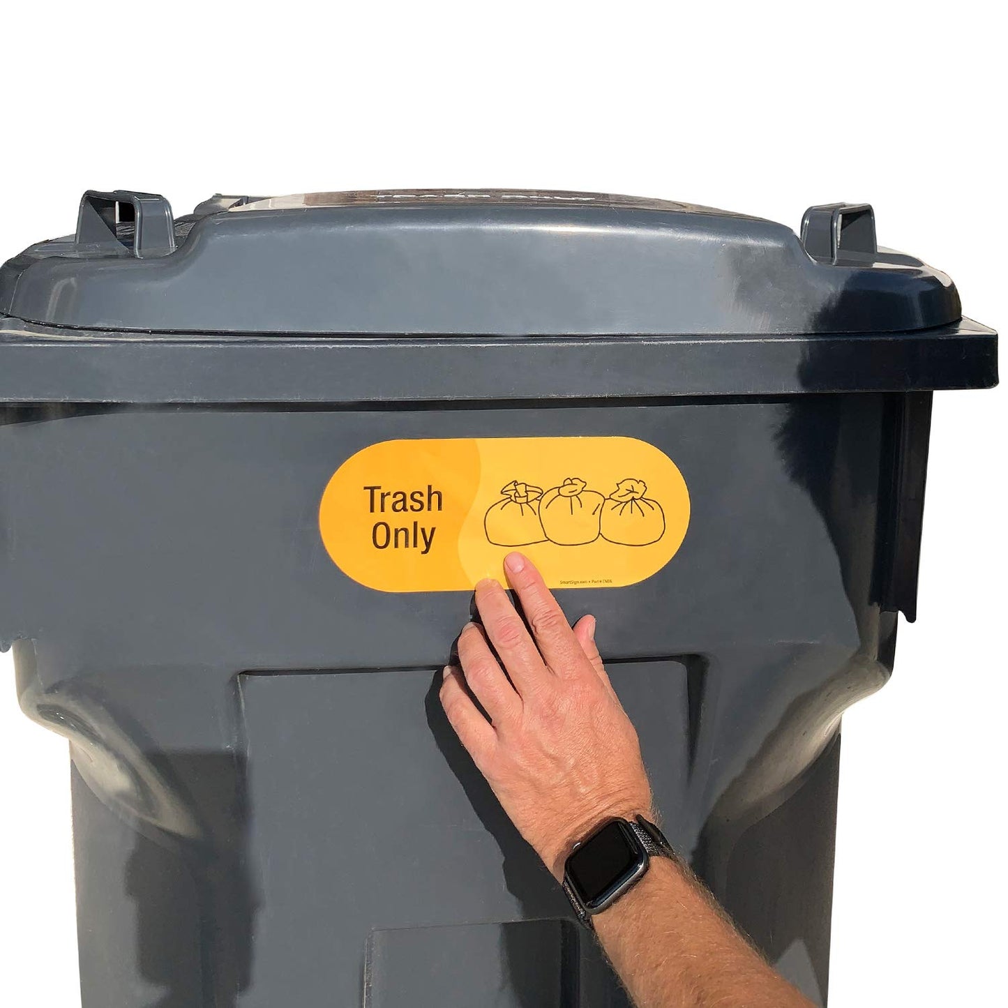 SmartSign (Pack of 4) 3.75 x 9 inch “Trash Only” Sticker Labels with Symbol, 5 mil Laminated Polyester with SuperStick Adhesive, Yellow and Black, Made in USA 3.75" X 9"_trash Only