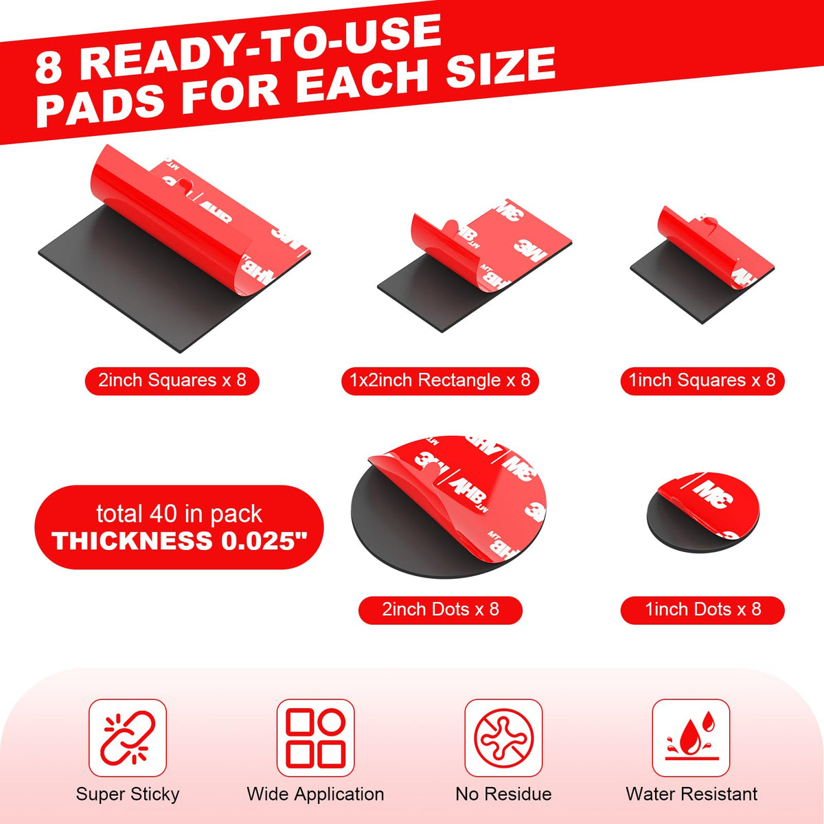 Double Sided Tape Heavy Duty 40PCS Adhesive Pads 1“ and 2” Squares Dots Rectangles Strong Waterproof Mounting Tape for Dashboard Dash Cam Windshield Suction Cup Phone Holders Black