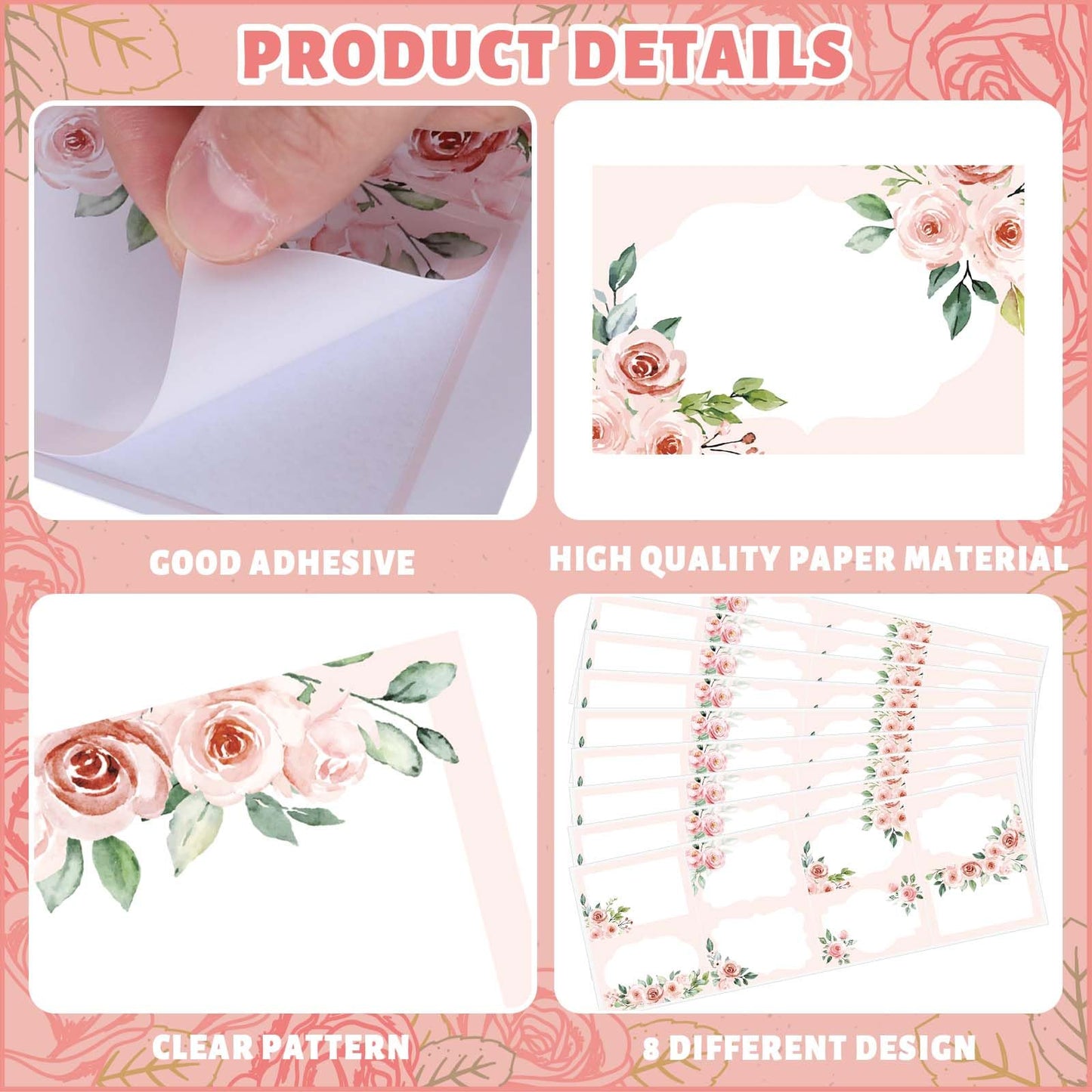 240Pcs Floral Label Stickers Pink Rose Flower Jar Tag Stickers 8 Design Spring Blank Self-Adhesive Paper Label Decals for Classroom Desk Kitchen Sauce Bottle Jar, 3 x 2 Inch