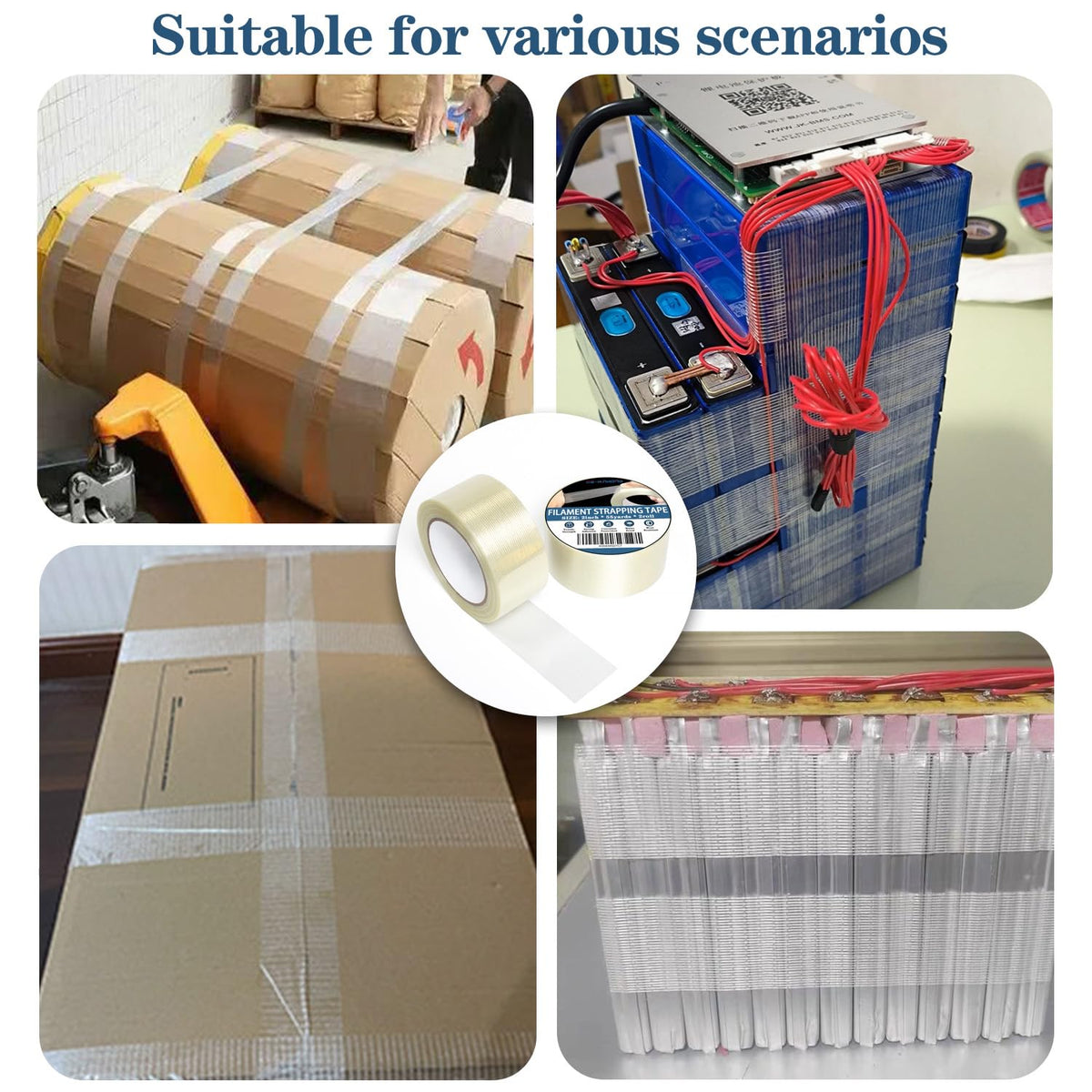 2 Rolls Filament Strapping Tape, 2'' x 55yds x 5.5mil Reinforced Fiberglass Heavy Duty Packing Strips,Resistant for Shipping Fixing and Protection,Sealing,Waterproof