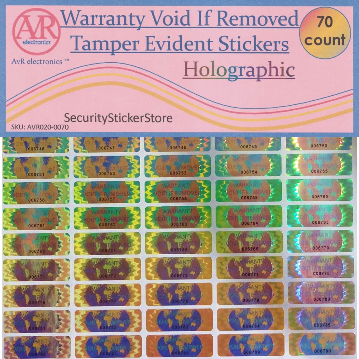 70 Hologram Tamper Evident, Tamper Proof Stickers. Warranty Void If Removed. Individual Serial Numbers. Tamper Foil Tape Labels. Destroyed Upon Removal with Residual Text Left on Item. (70 Stickers) 70 Stickers