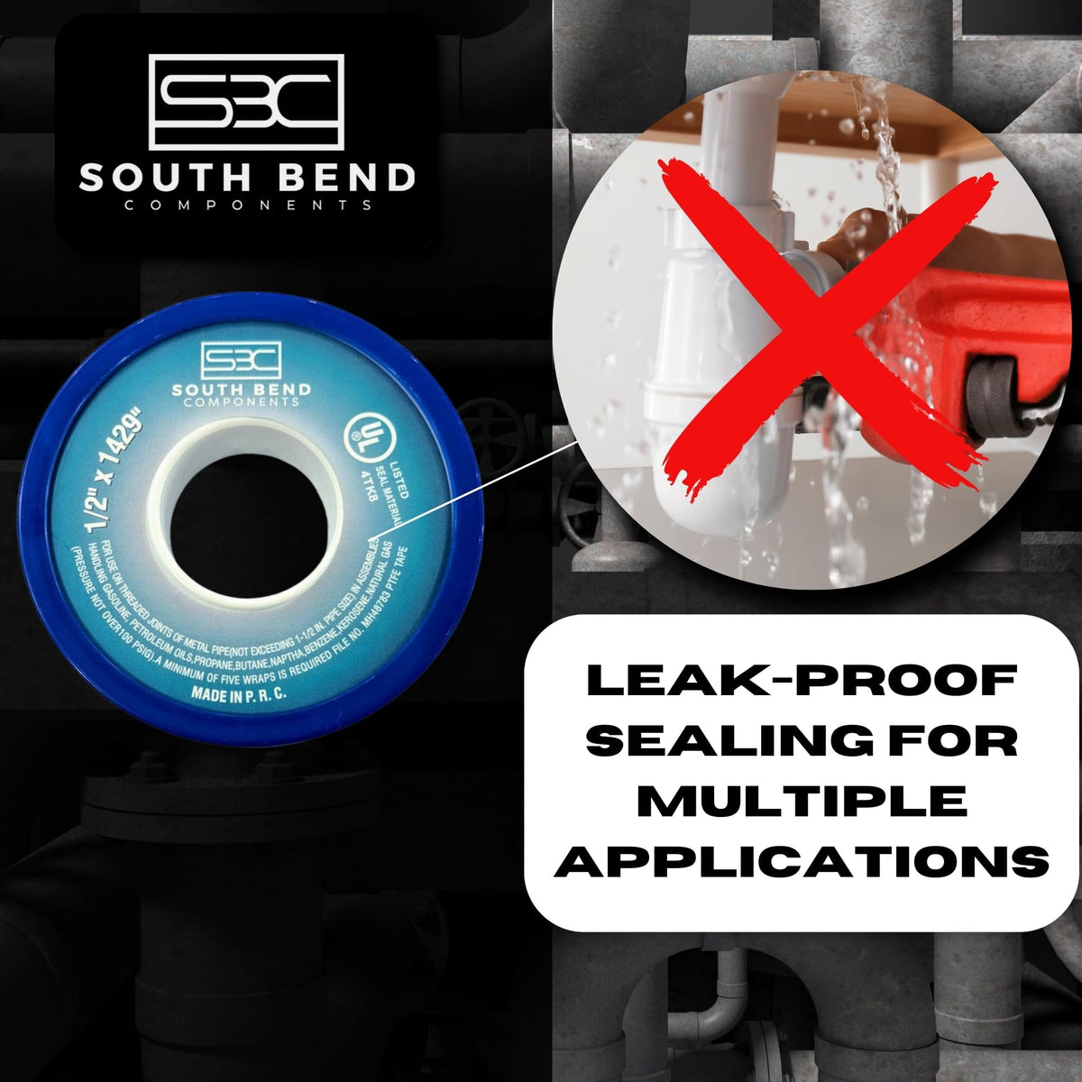 South Bend Components 1/2 Inch x 1429 Inch 70885 PTFE Thread Seal Tape – Teflon Tape for Plumbing, Gas, Water, and Air Systems | Leak-Proof, Durable Thread Tape for Metal and Plastic Pipes (10-Pack) 10