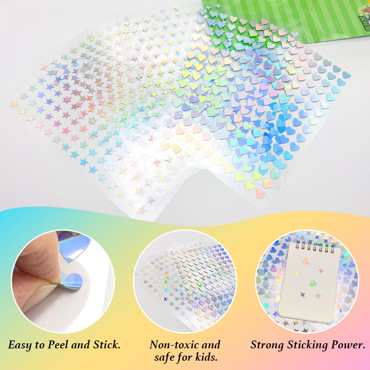 1500 Pcs Small Star Stickers Self-Adhesive Holographic for Kids Reward, Foil Mini Cute Five Pointed Pastel Stars Heart Stickers for DIY Classroom Reward (Laser Silverf) 0.39in