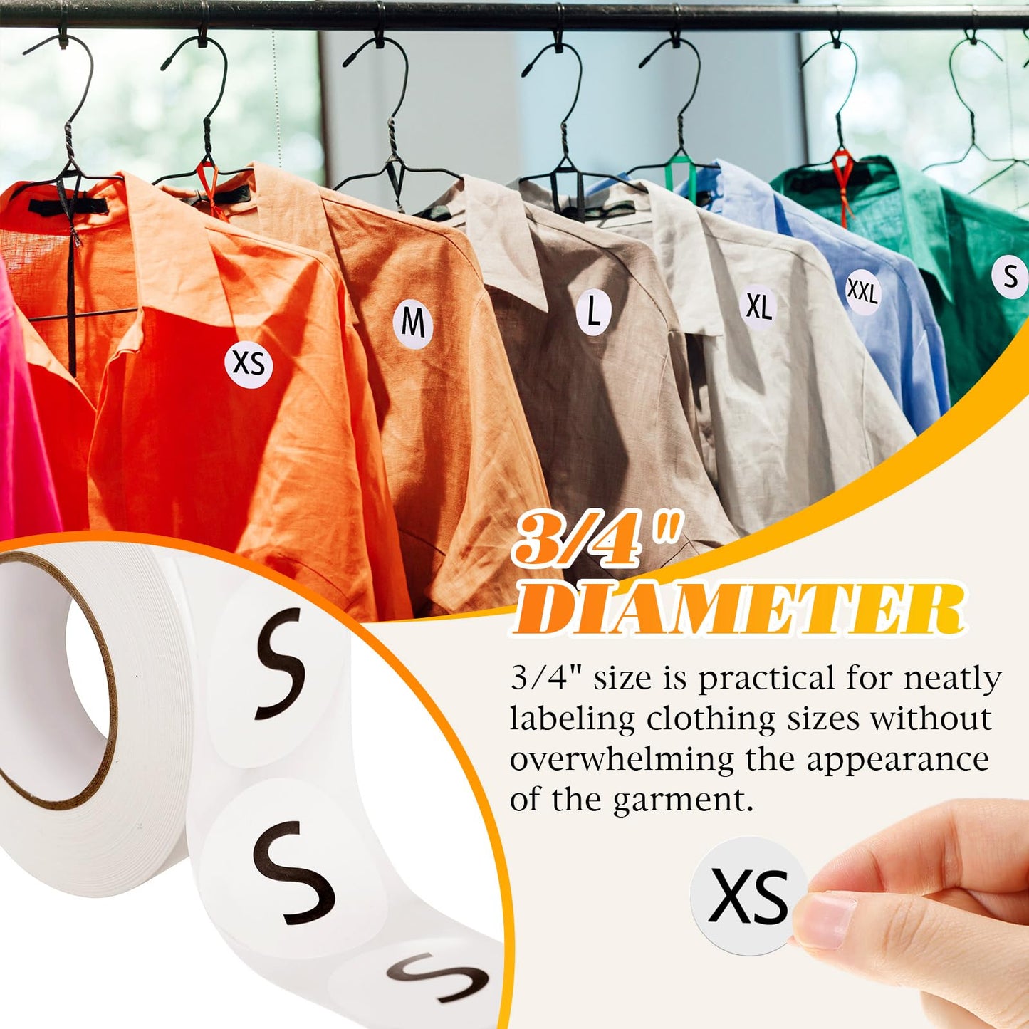 3500 Pcs Clothing Size Stickers Labels with Wooden Labels Holder Organizer Round Self Adhesive Stickers for Clothing T Shirts Retail, 7 Size Black and White