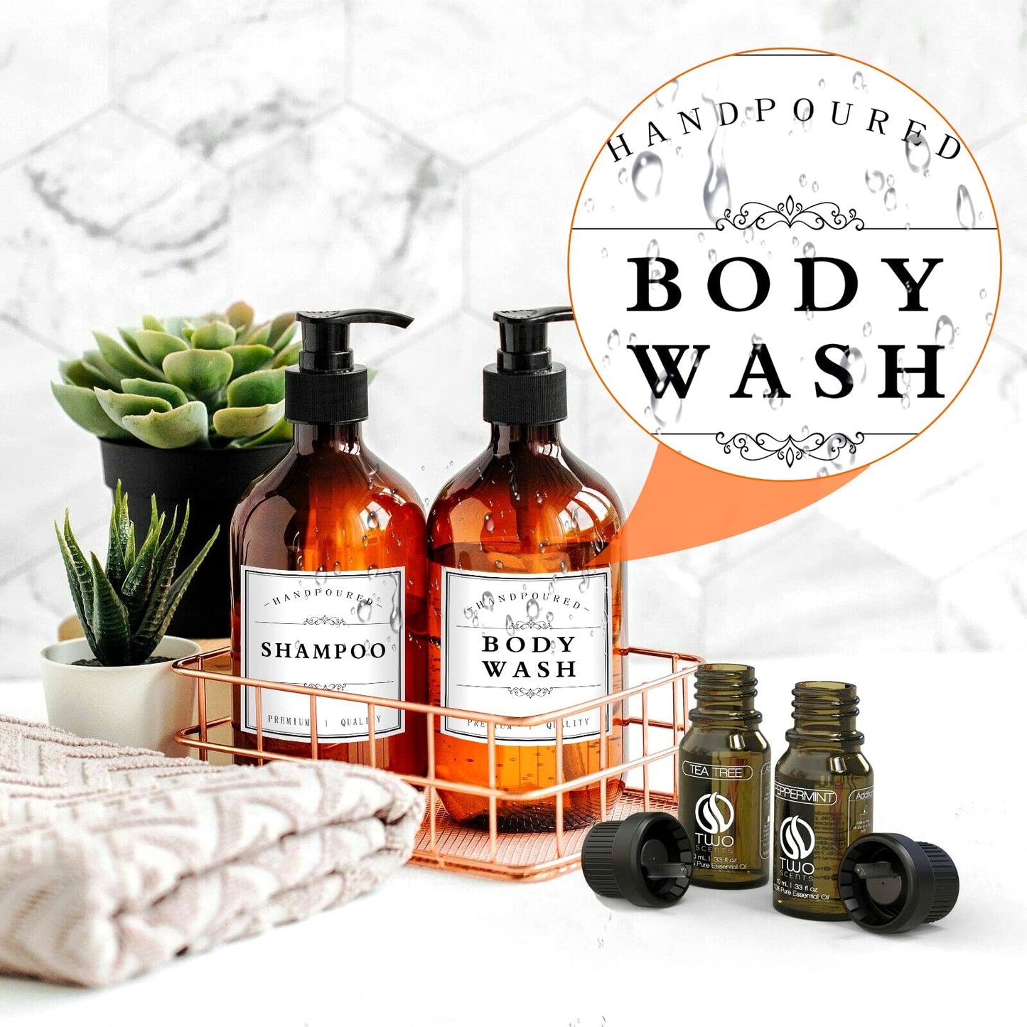 TESWEY Bathroom Bottle Labels, Retro Style Container Labels for Glass or Plastic Bottles, Waterproof Labels for Hand Soap Shampoo Lotion Dispenser White