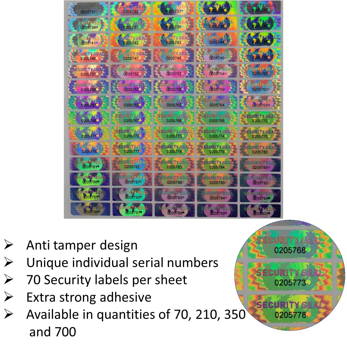 70 Hologram Tamper Evident, Tamper Proof Stickers. Security Seal. Individual Serial Numbers. Tamper Foil Tape Labels. Destroyed Upon Removal with Residual Text Left on Item.… (70 Stickers) 70 Stickers