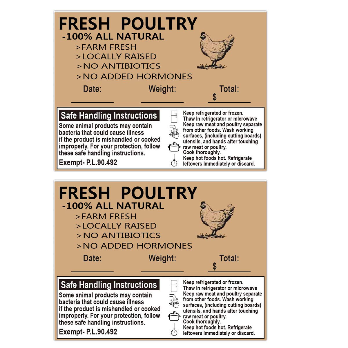 Remarkable Poultry Freezer Labels,2.5inchx4inch with Safe Handling Instructions Exemption-P.L. 90-492 (100Pcs )