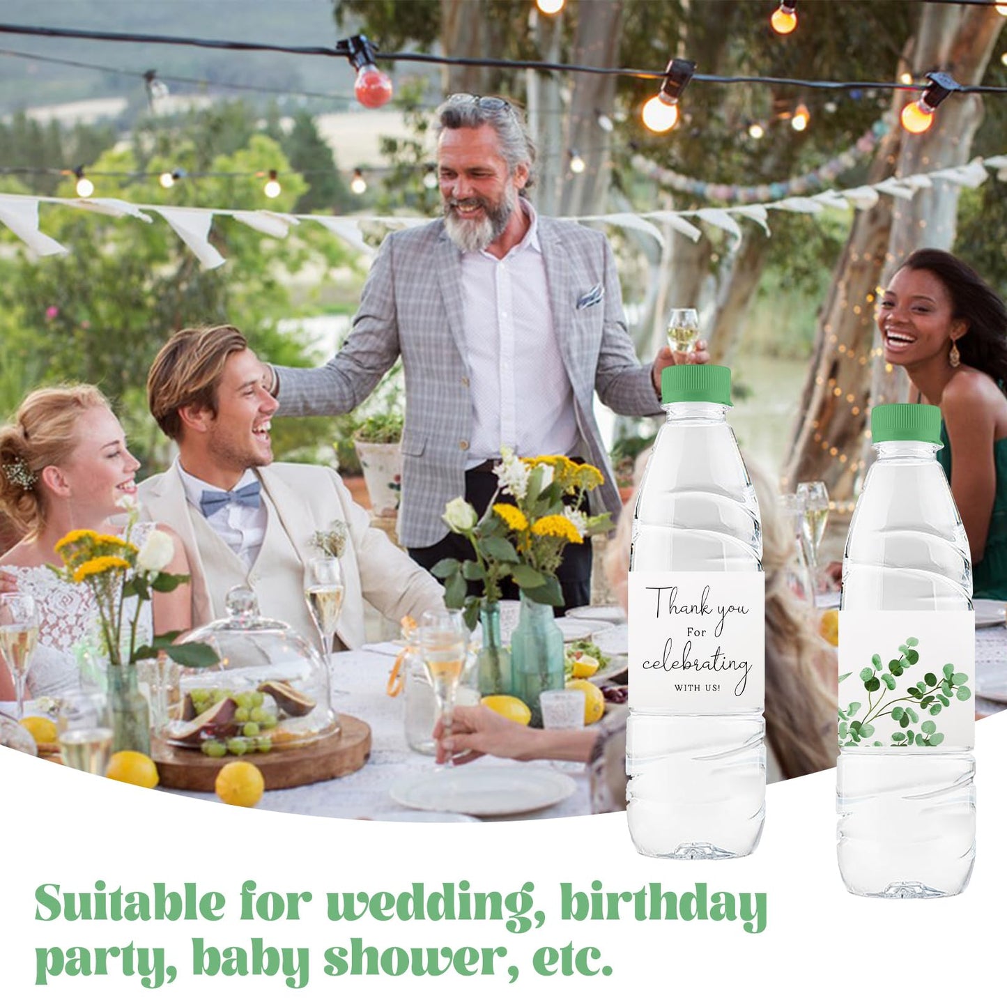Wedding Water Bottle Labels Thank You, 100Pcs Greenery Water Bottle Wraps Eucalyptus Leaf Wraparound Labels Water Bottle Stickers for Birthday Bride Shower Green