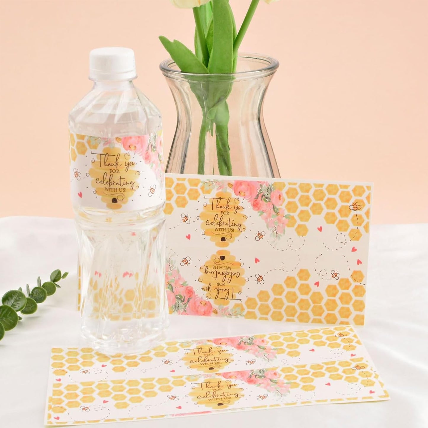 48 PCS Bee Theme Bottle Labels, Thank You for Celebrating with Us Party Decorations Bee Birthday Self-Adhesive Stickers for Water Bottle with Little Bumble Bees 48pcs