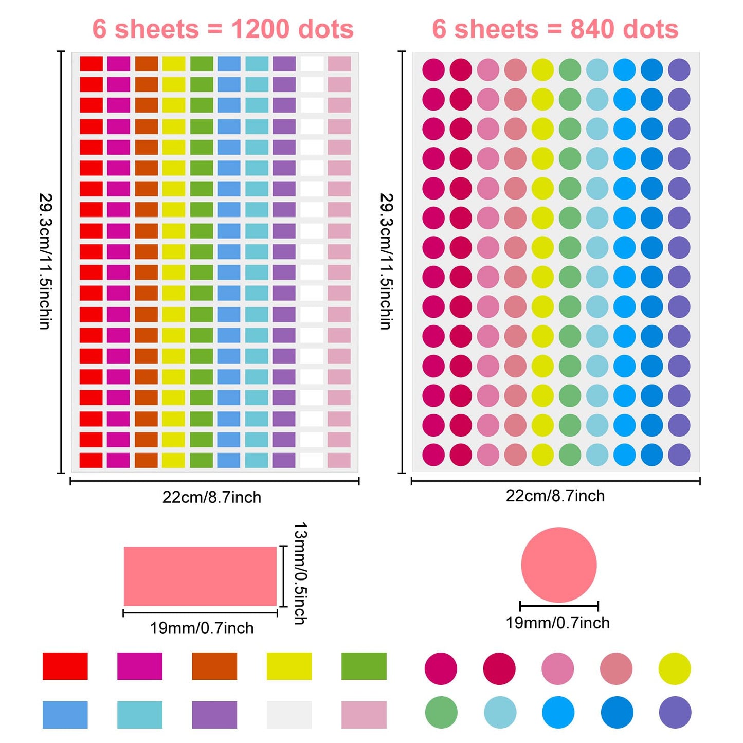 2040pcs Square Round Colored Dot Stickers Colorful Coding Label Sticker Removable Sticky Labels Stickers Dots for Toddlers Students Office Classroom (12 Sheets)