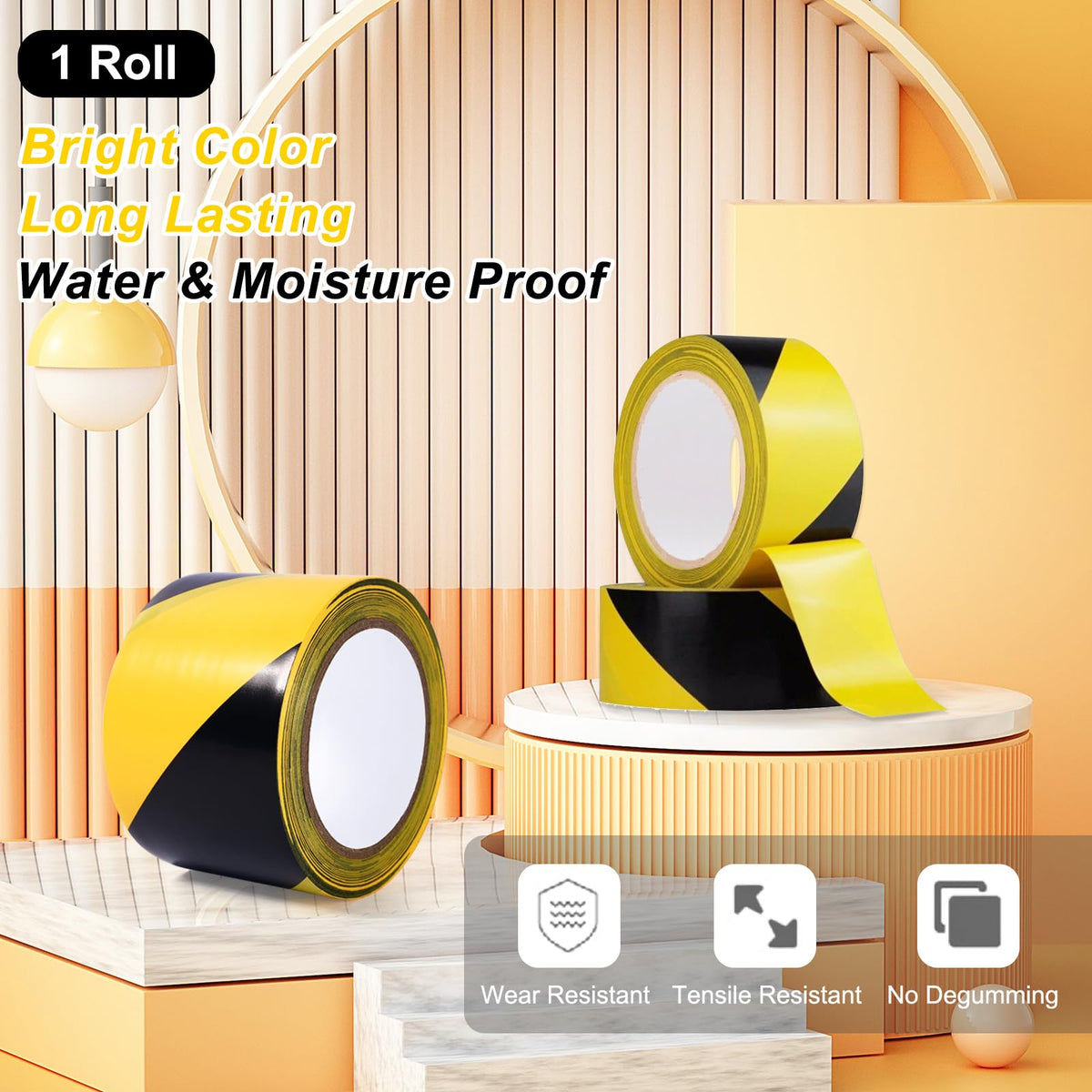 Black & Yellow Safety Tape, 3 Inch x 108FT, Black & Yellow Hazard Warning Stripe Tape, Floor Marking Tape, Strong Adhesive Caution Tape Roll for Walls, Floors, Equipment