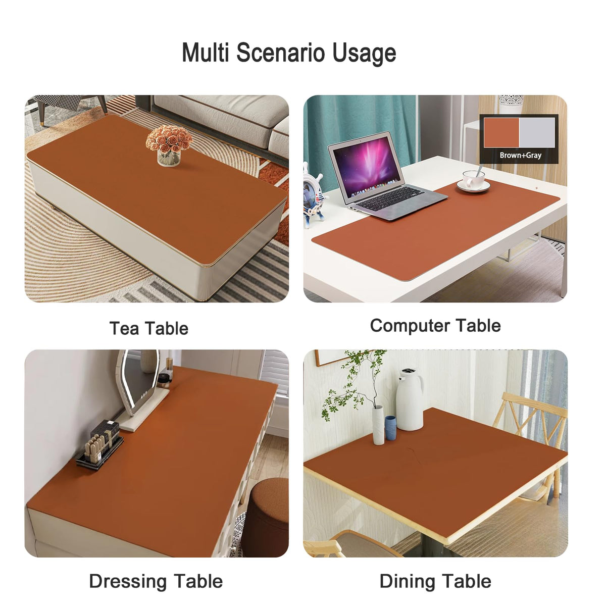 1.8mm Thick Leather Table Protector - Heavy Duty Waterproof Desk Cover for Dining,Coffee Table, Nightstand, Dresser Top Non-Slip Scratch Resistant Surface, 16x36 Inch (Brown+Gray) Brown+gray 16×36 inch