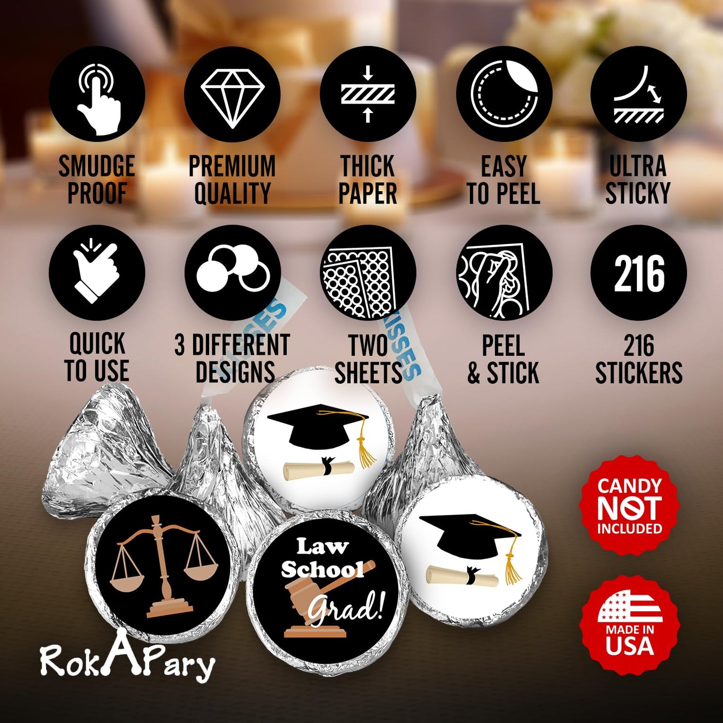216 Law School Graduation Party Kisses Stickers Labels, Lawyer School Grad Party Decorations. Candy NOT Included. Made in USA