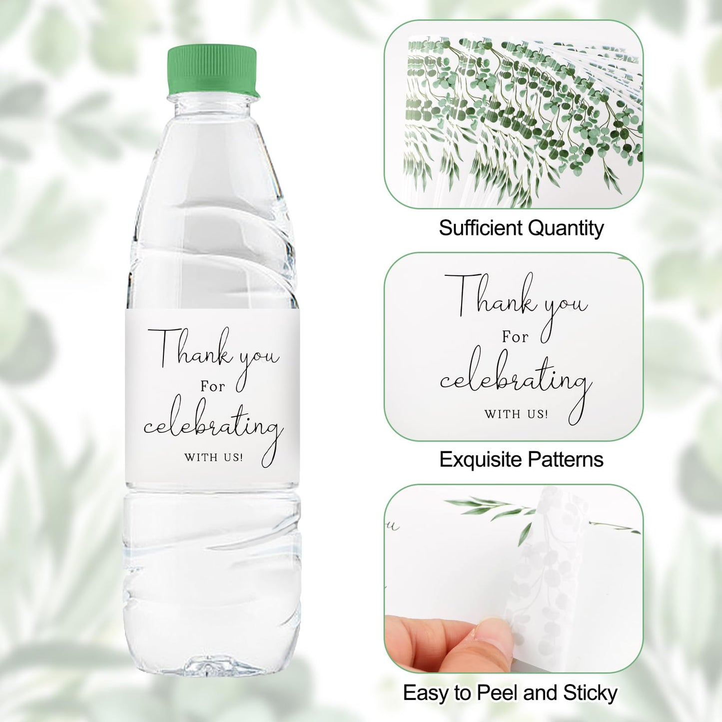 Wedding Water Bottle Labels Thank You, 100Pcs Greenery Water Bottle Wraps Eucalyptus Leaf Wraparound Labels Water Bottle Stickers for Birthday Bride Shower Green
