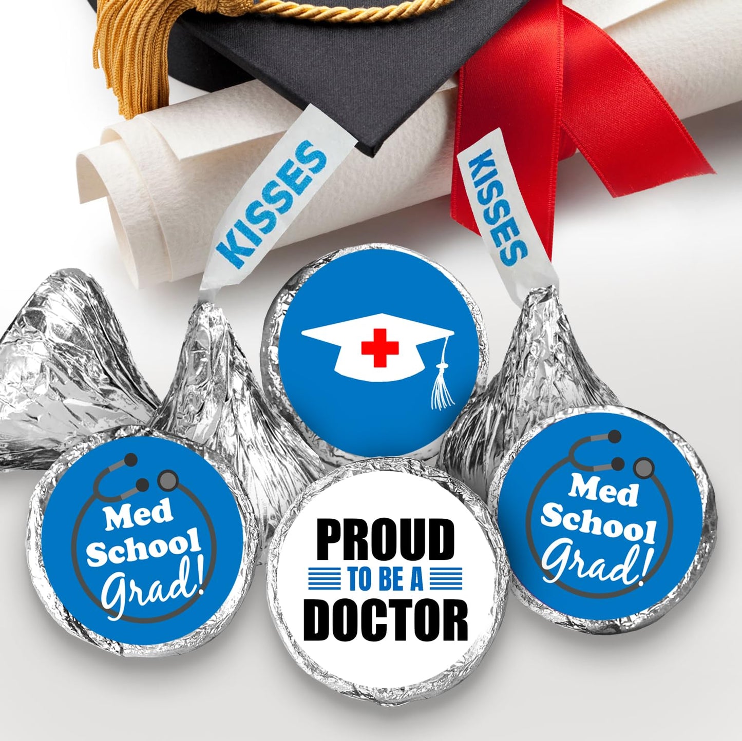 216 Med School Graduation Party Kisses Stickers Labels, Medical School Doctor Grad Party Decorations. Candy NOT Included. Made in USA.