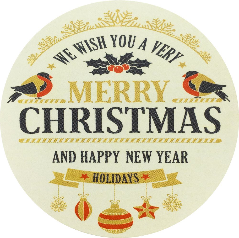 Merry Christmas and Happy New Year Stickers – 2.5 Inch Round Holiday Labels, Roll of 100 with 4 Festive Designs – Adhesive Circle Stickers, Made in The USA
