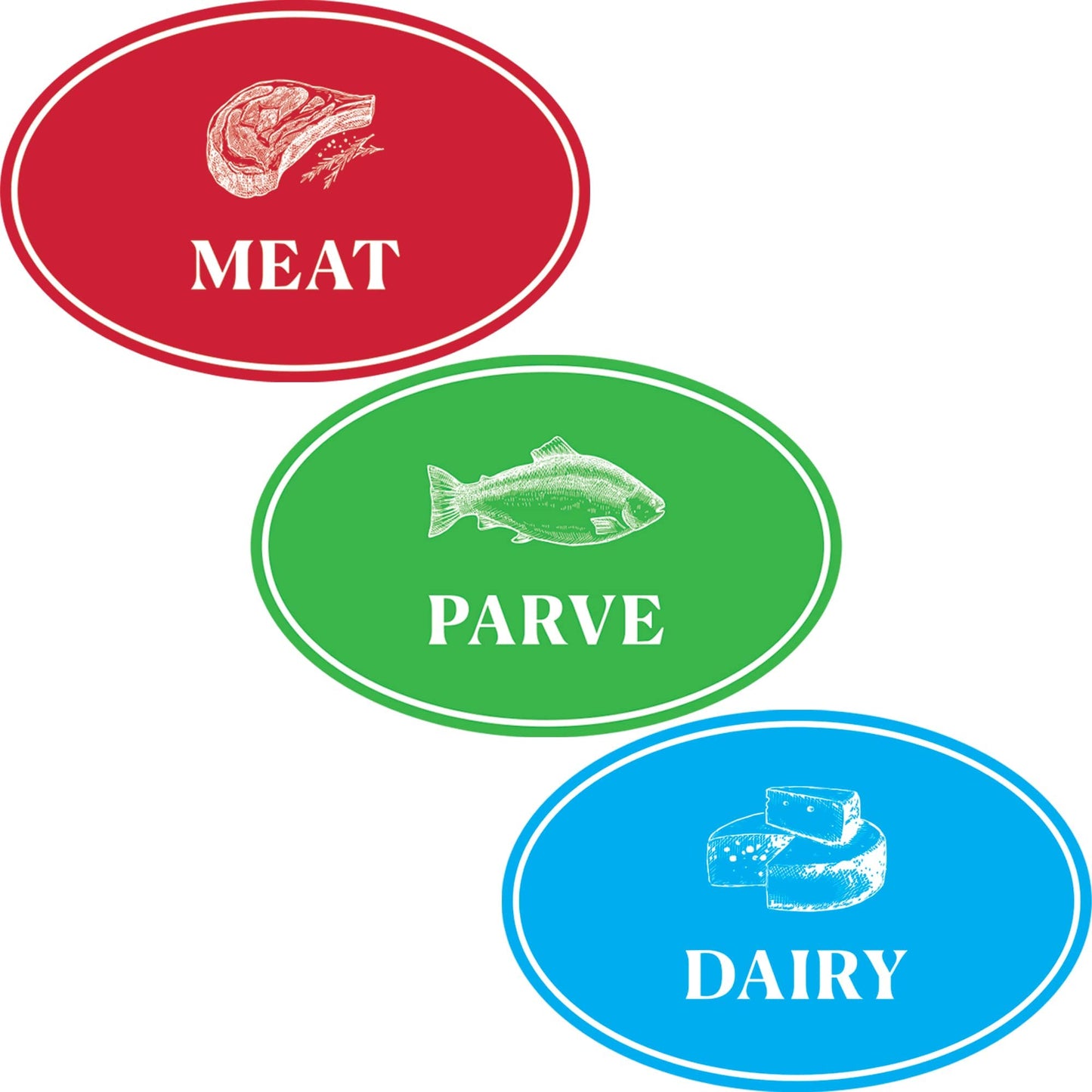 The Dreidel Company Assorted Kosher Labels, 16 Blue Dairy, 16 Red Meat, 16 Green Parve Stickers, Oven Proof up to 500°, Freezable, Microwavable, Dishwasher Safe, English, Color Coded Tools (48-Pack) 48-Pack Oval Design