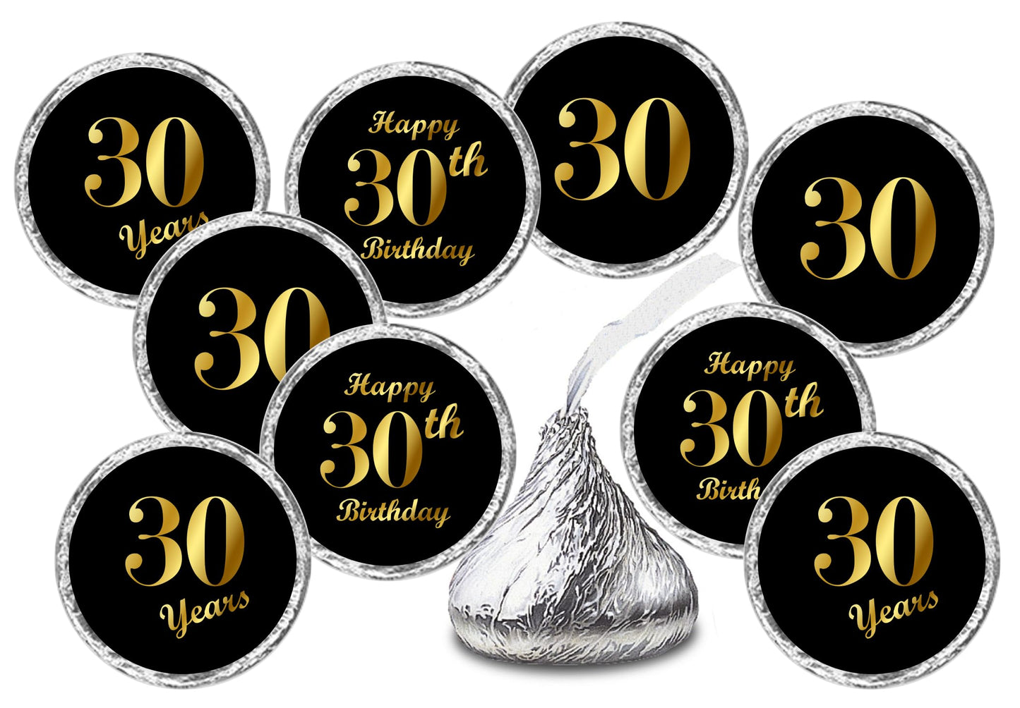 30th Birthday Black Kisses Stickers, (Set of 216) Chocolate Drops Labels Stickers for 30 Birthday, Party Favors Decor for Kisses. Made in USA,
