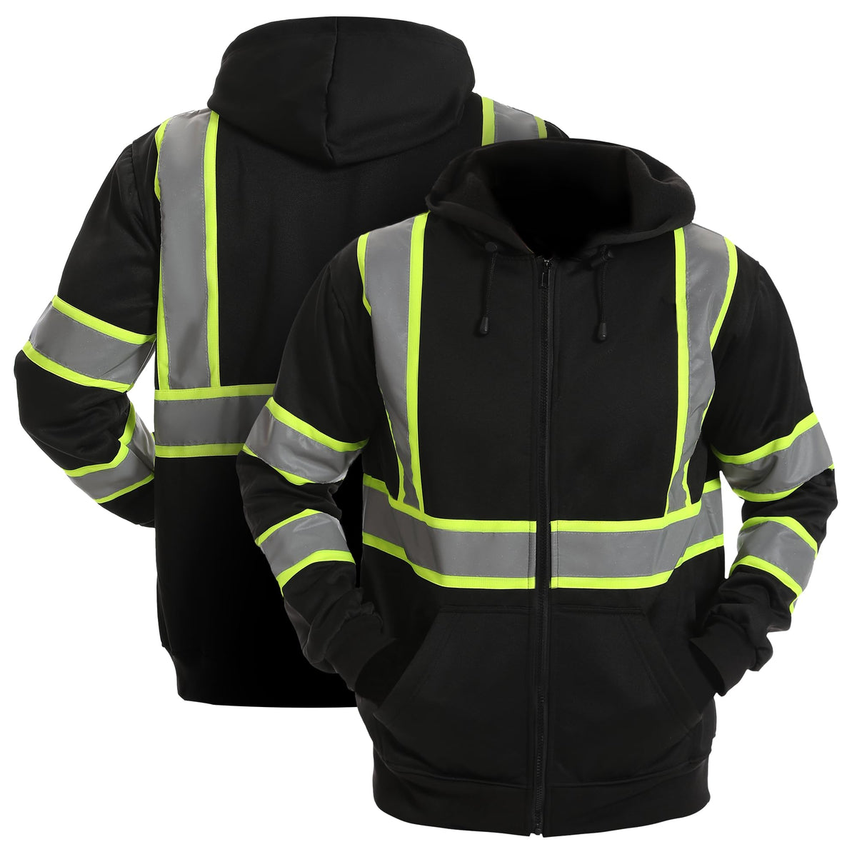 High visibility Hoodie for Men,Class3 Hi Vis Hoodie with Zipper,Reflective Hooded Hood,Construction work Safety Sweatshirt with Large front Pocket for Men/Women BLACK,2XL Black02 XX-Large