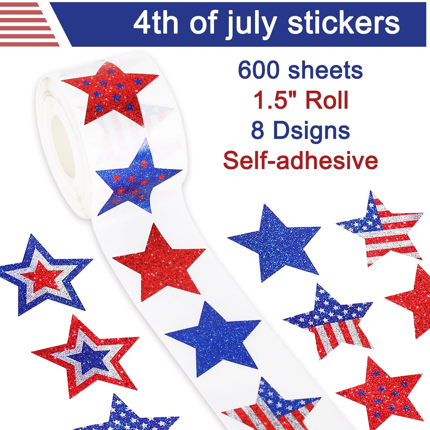 600Pcs Patriotic Star Stickers Roll Blue Red Laser Silver Stars Labels American Flag Self-Adhesive Independence Day Stickers for 4th of July Memorial Day Water Bottle Luggage Decor, 8 Design