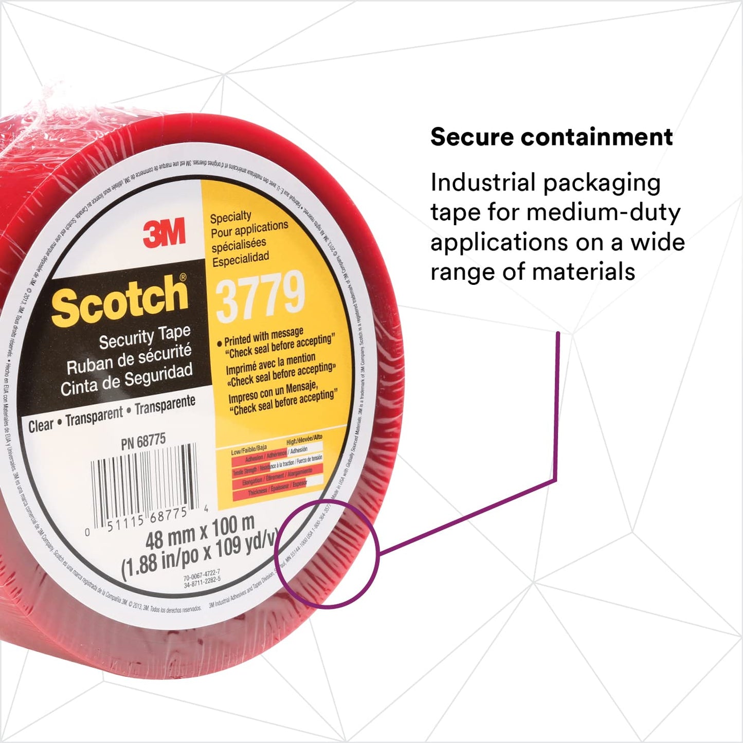 3M Scotch Security Message Box Sealing Tape 3779, Clear, 48 mm x 100 m, 1 Roll, Individually Wrapped Conveniently Packaged