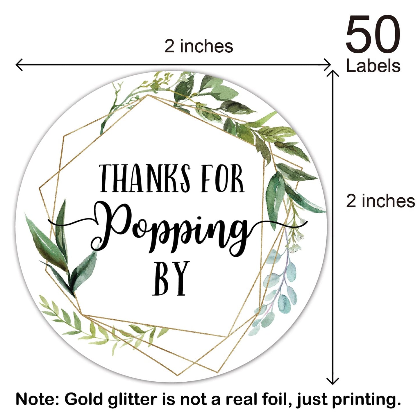 Thanks for Popping by Stickers, Greenery Baby Shower Favor Stickers, Bridal Shower, Wedding Stickers, 2 Inch, 50-Pack.