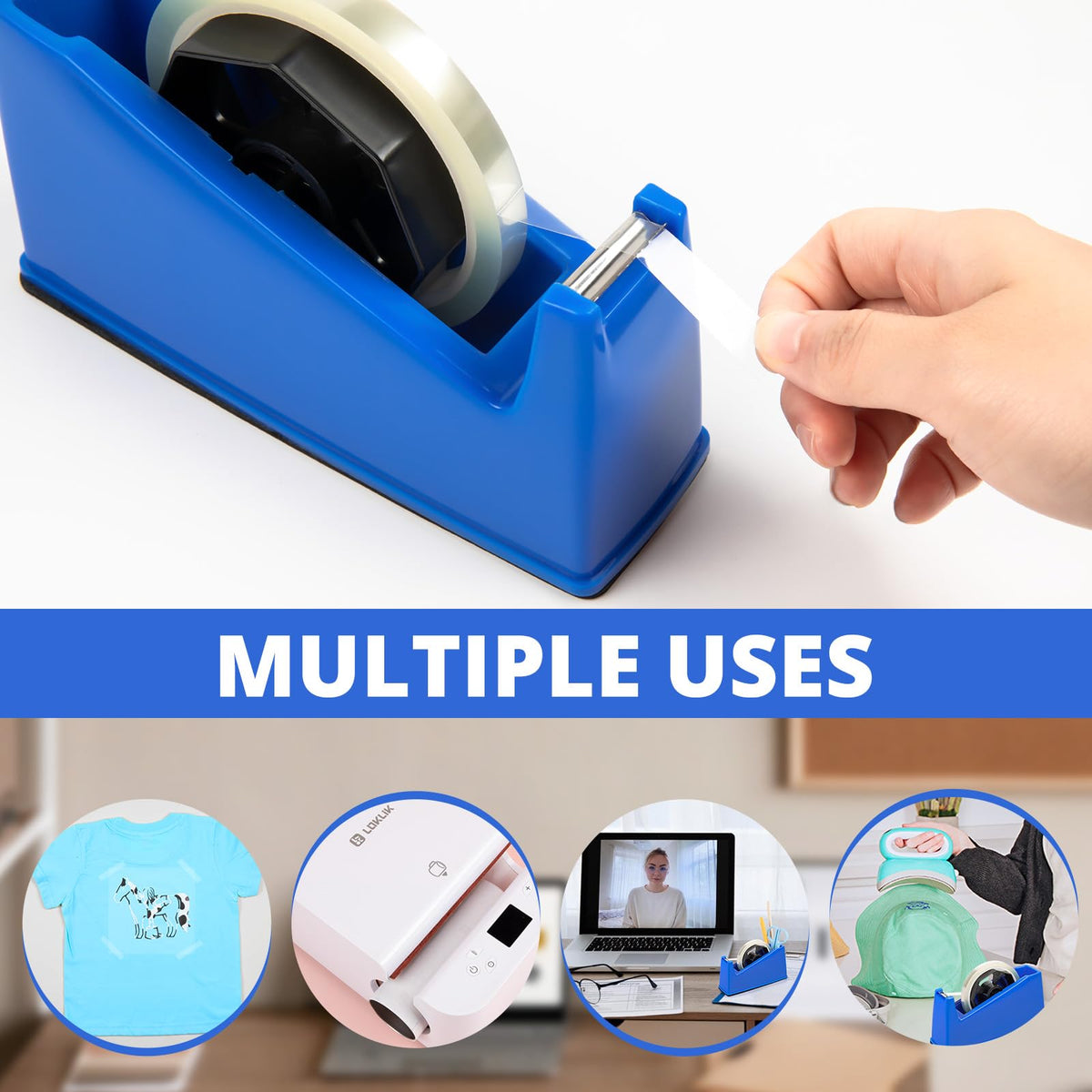 HTVRONT Heat Tape Dispenser + 4 Rolls Heat Tape for Sublimation White 10mm x33m(108ft) + 2 Rolls Heat Resistant Tape Blue 20mm x33m(108ft)