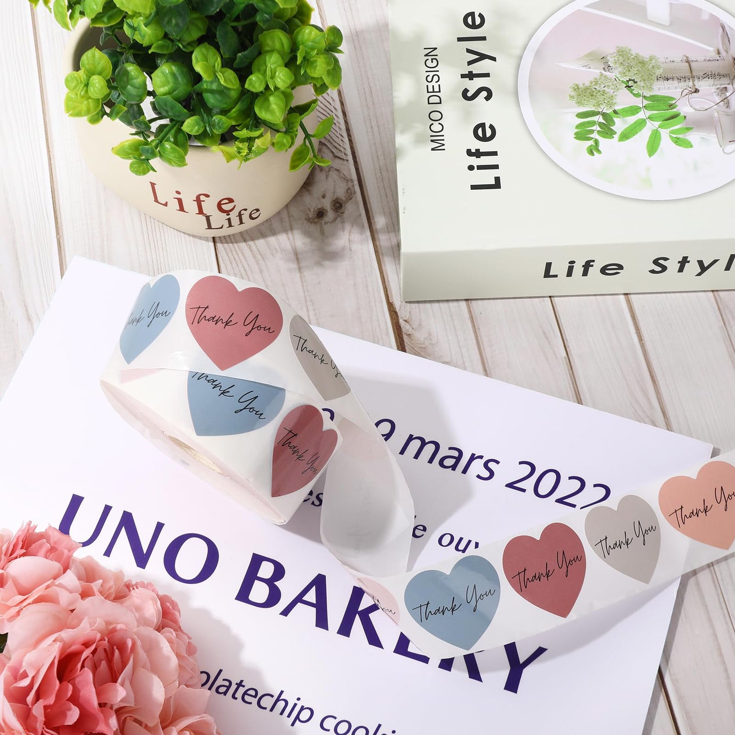 Whaline Boho Heart Thank You Stickers Roll - 1000Pcs, Multicolor, Paper, Heart Shape, 1.5 Inch, Single Use, Indoor, Bohemian, Contemporary, Stickers, Thank You Sticker