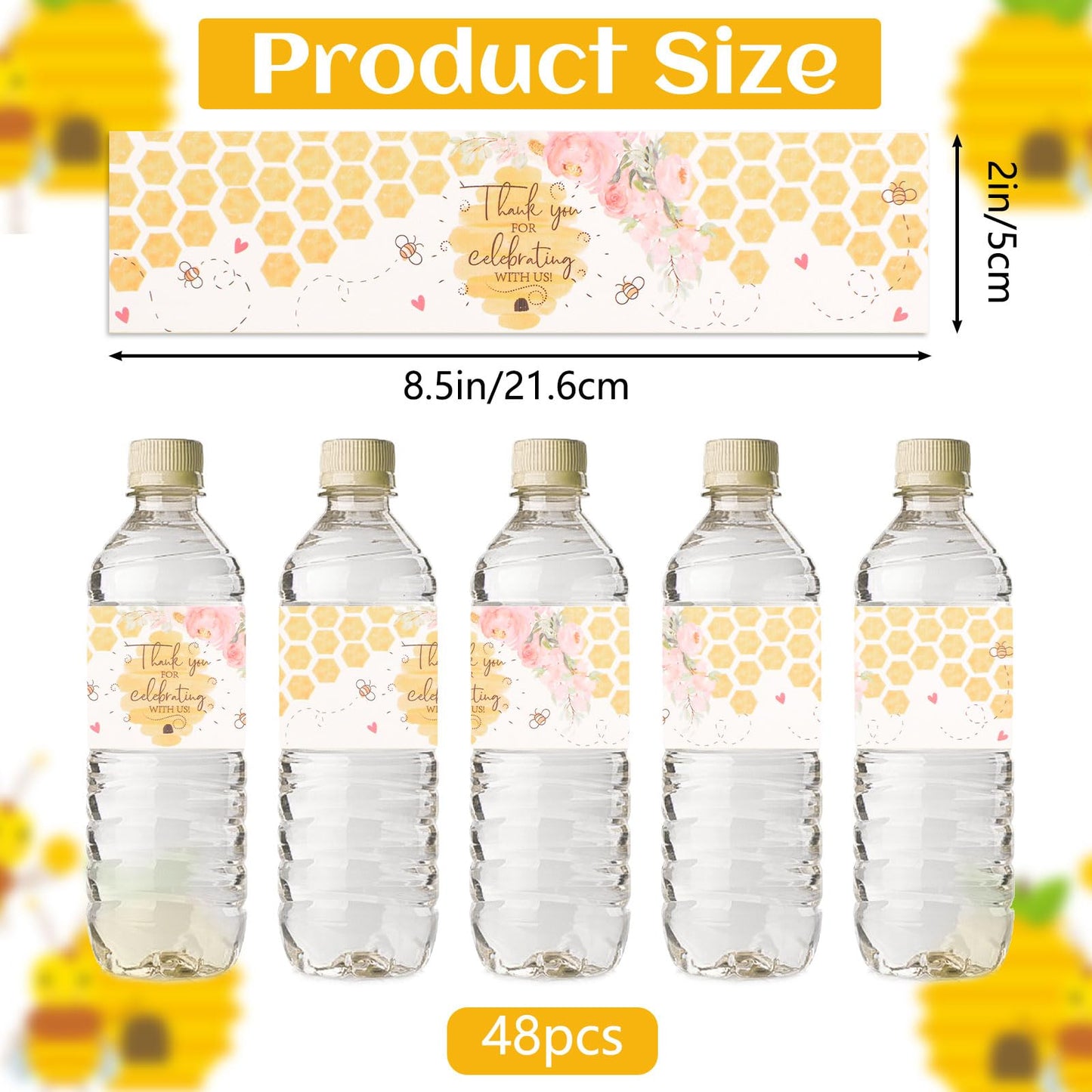 48 PCS Bee Theme Bottle Labels, Thank You for Celebrating with Us Party Decorations Bee Birthday Self-Adhesive Stickers for Water Bottle with Little Bumble Bees 48pcs