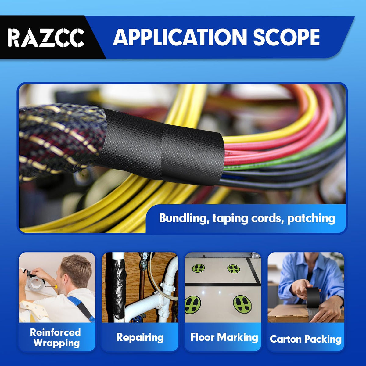 RAZCC Duct Tape, 12 Rolls Black Duct Tape,Heavy Duty, Flexible, No Residue, All-Weather and Tear by Hand, 30 Yard x 2 Inch Per Roll - Bulk Value for Indoor & Outdoor Repairs, Industrial Use 2 inch-12 Rolls